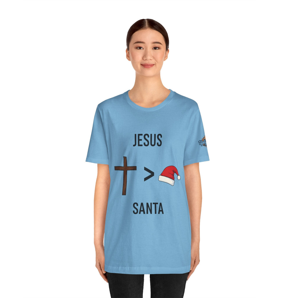 🎄 Jesus > Santa – Minimalist Christian Christmas T-Shirt | Bold Faith Over Holiday Tee | Cross vs Santa Hat Design | Uplifted Gear Printify