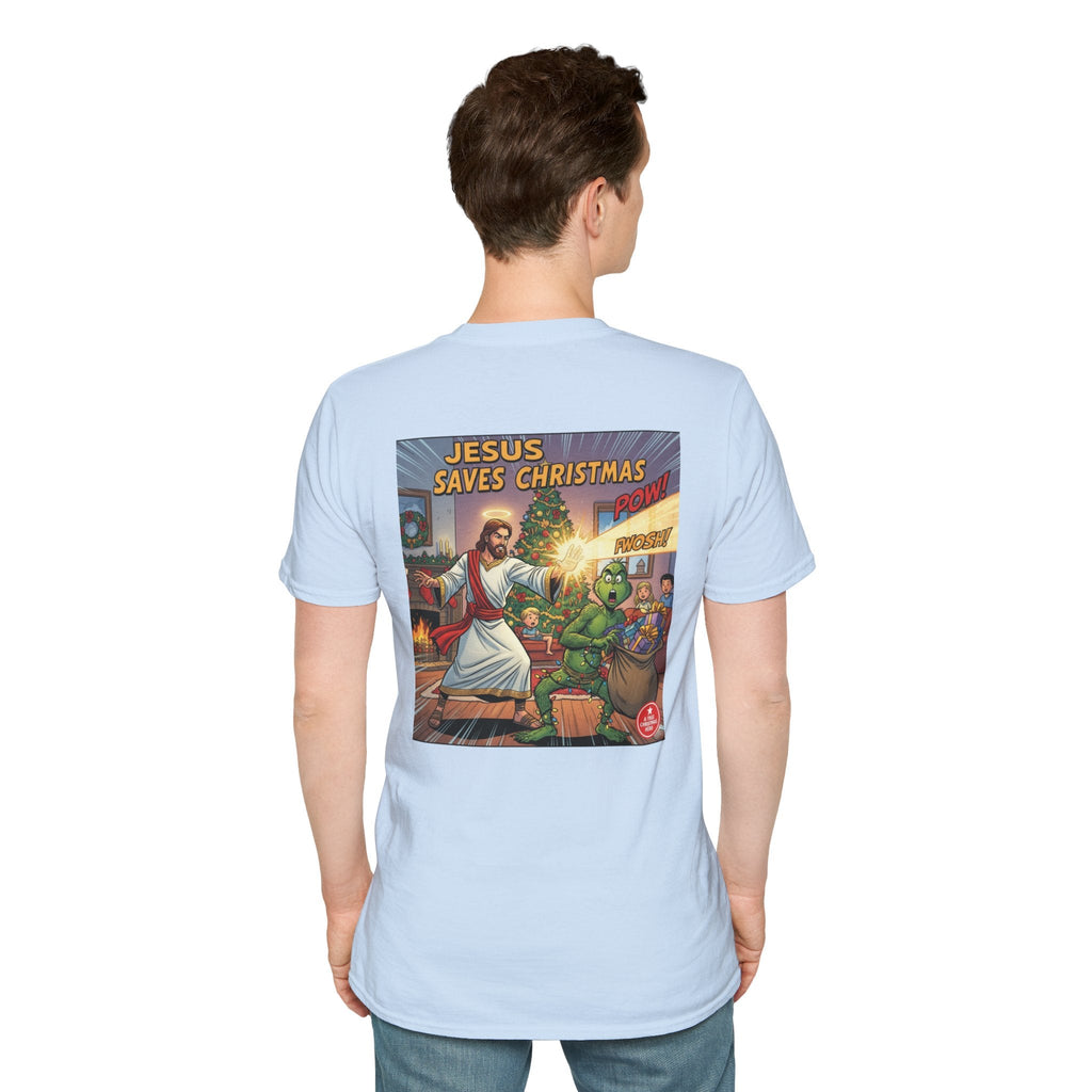 Jesus Saves Christmas T-shirt – Grinch vs Savior Light Battle Christian T-shirt for Hilarious Holiday Faith & True Joy Printify