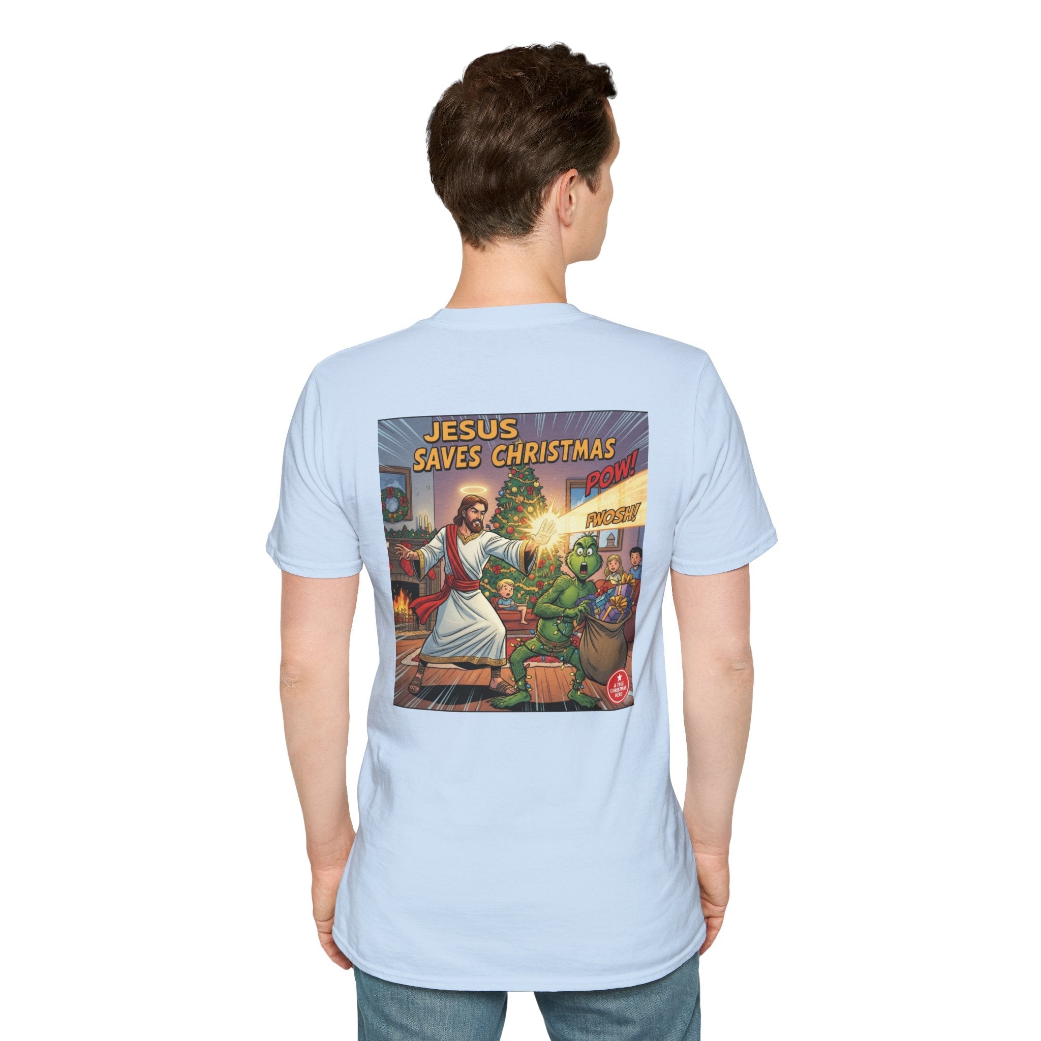 Jesus Saves Christmas T-shirt – Grinch vs Savior Light Battle Christian T-shirt for Hilarious Holiday Faith & True Joy Printify