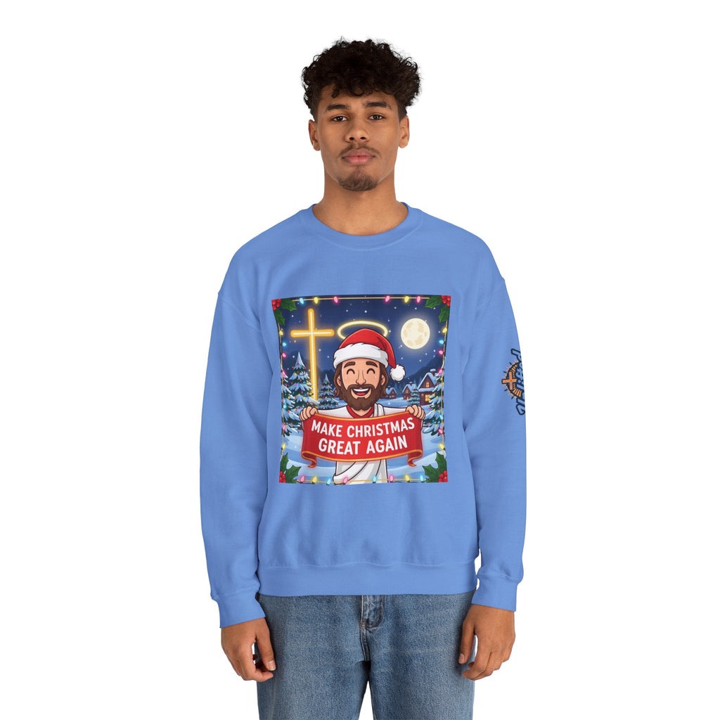 🎄 Make Christmas Great Again – Funny Christian Sweatshirt | Jesus Holding Banner | Faith-Based Holiday Parody Tee | Uplifted Gear Printify
