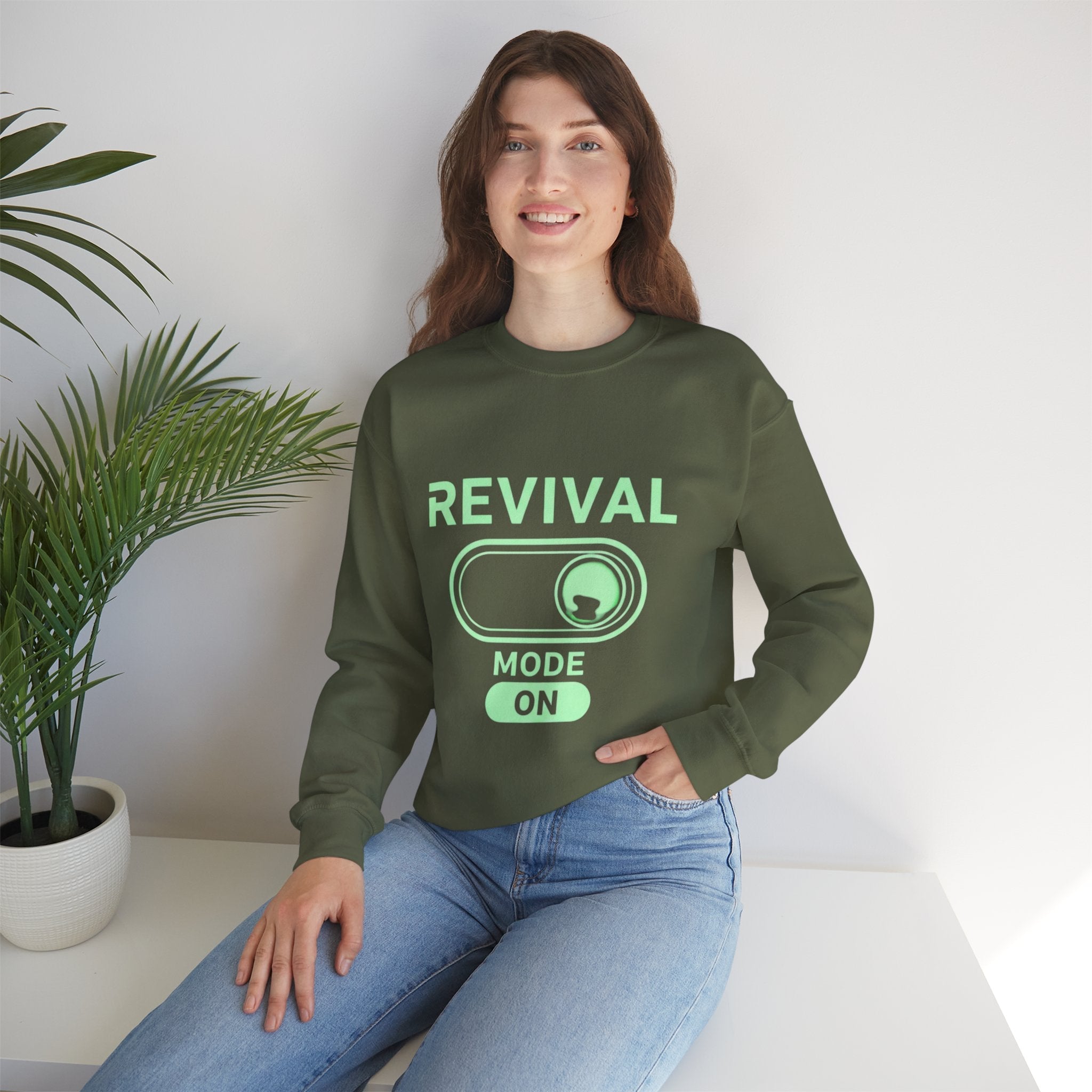 🔥 Revival Mode: ON – Christian Techwear Sweatshirt | Glowing Green Faith Switch | Futuristic Jesus Shirt | Activate Your Spiritual Awakening | Uplifted Gear Printify