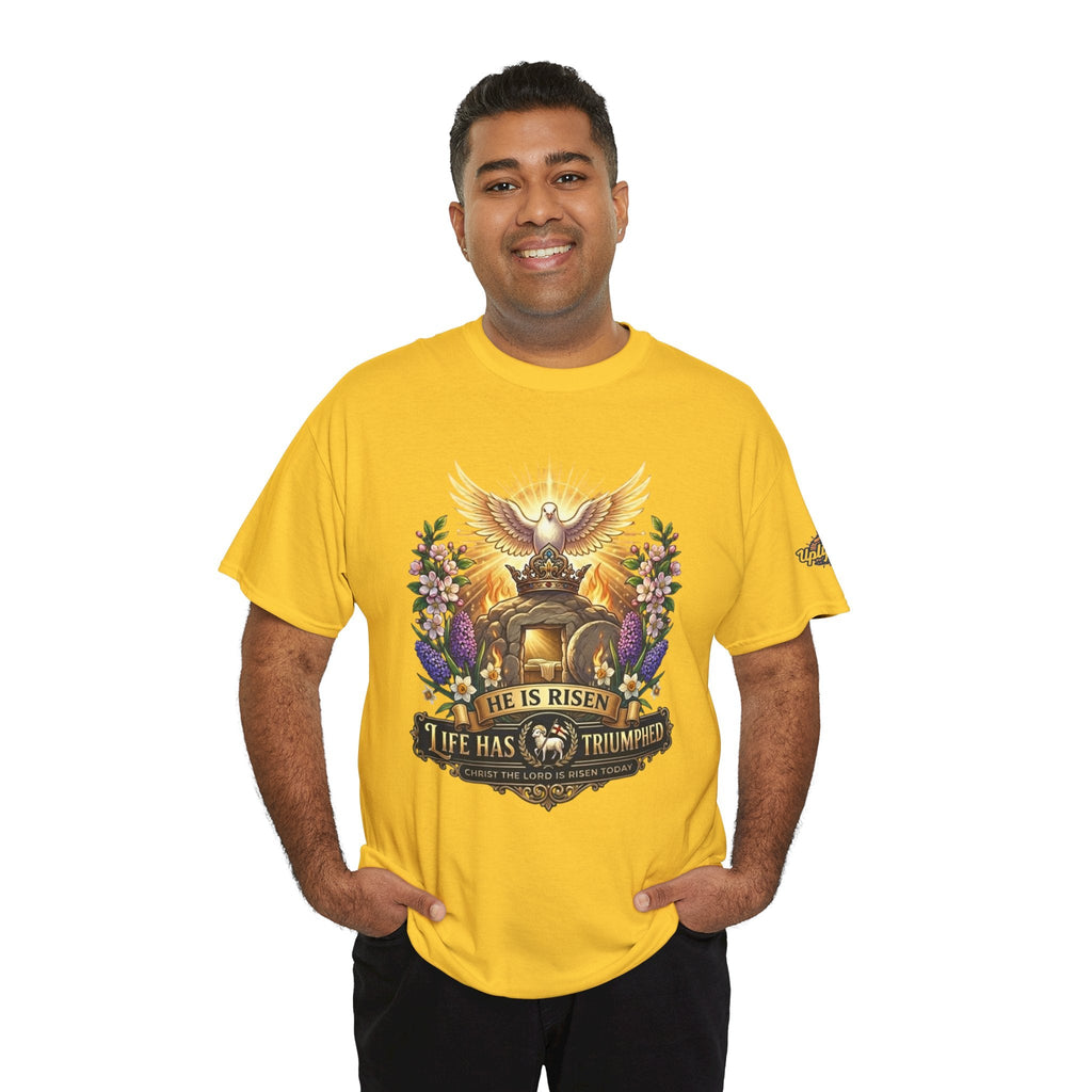 He Is Risen "Life Has Triumphed" T-Shirt — Easter Resurrection Christian Tee Printify