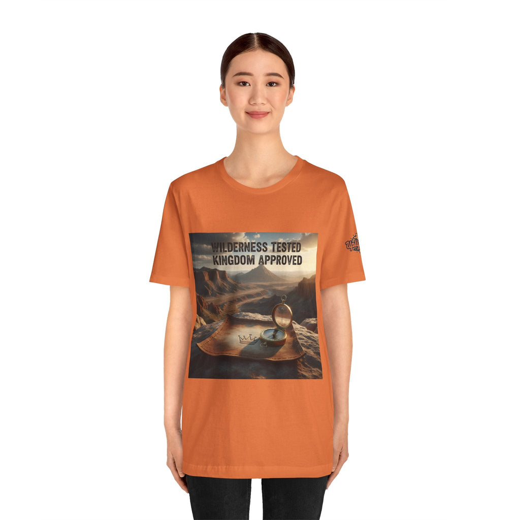 Wilderness Tested Kingdom Approved T-shirt – Mountain Desert Compass Crown Christian T-shirt for Biblical Adventure Faith Printify