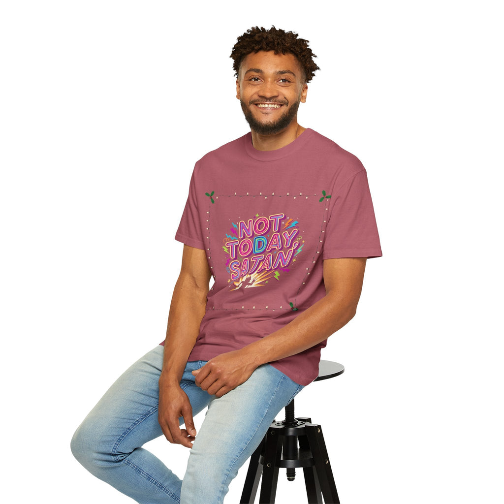 🔥 Not Today, Satan – Retro 90s Christian T-Shirt | Neon Faith Tee | Funky Cartoon Devil | Bold Bible Verse Shirt | Uplifted Gear Printify