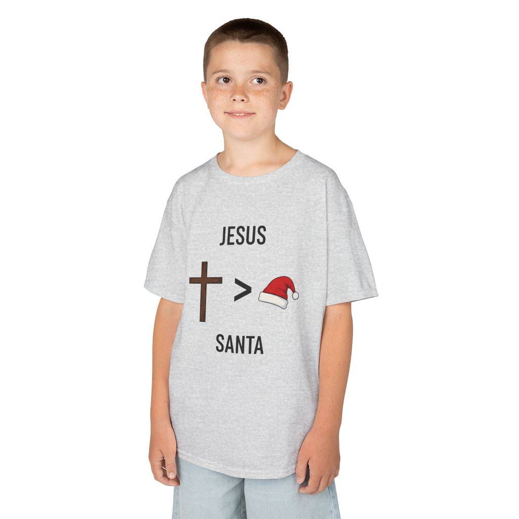 🎄 Jesus > Santa – Minimalist Christian Christmas Kids T-Shirt | Bold Faith Over Holiday Tee | Cross vs Santa Hat Design | Uplifted Gear Printify