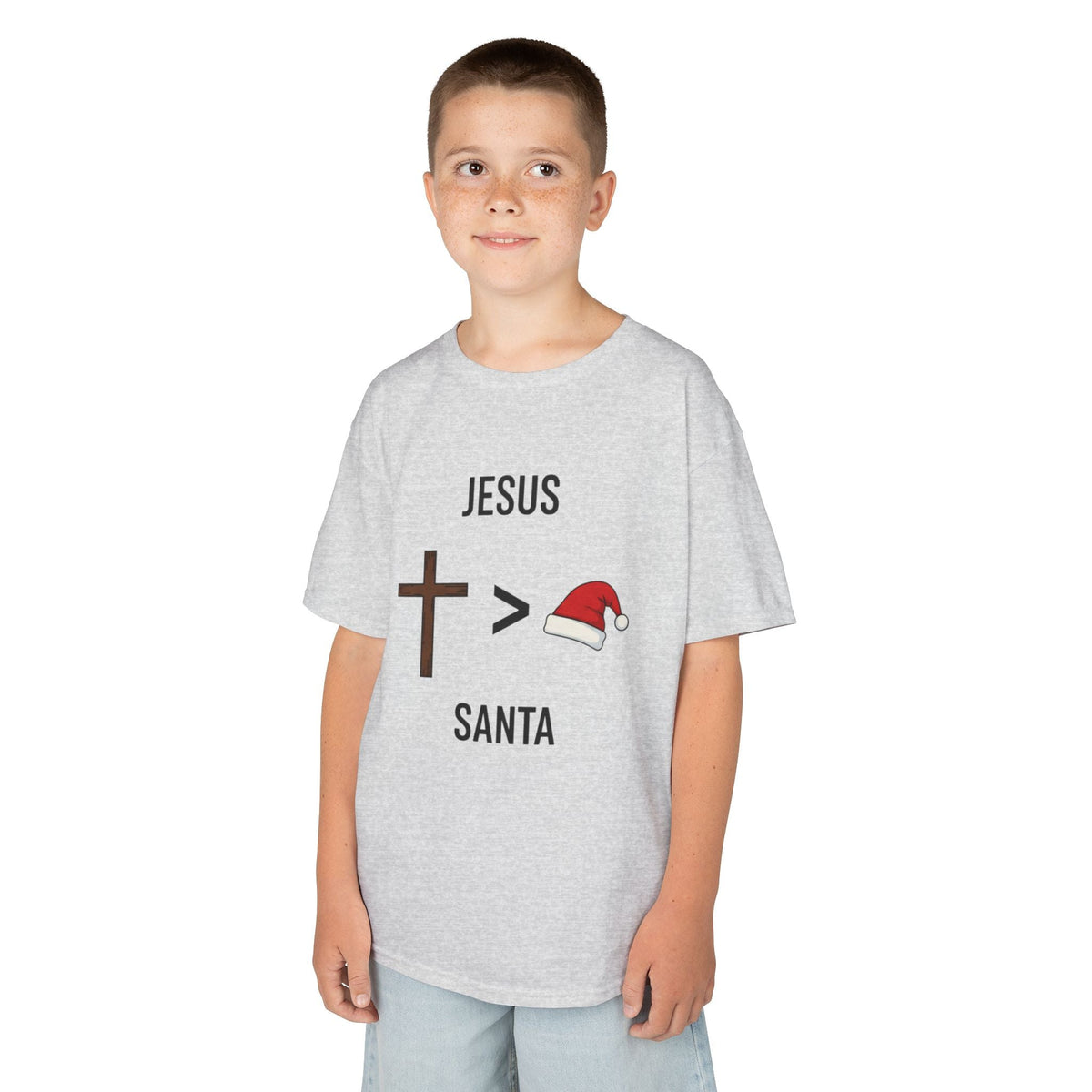 🎄 Jesus > Santa – Minimalist Christian Christmas Kids T-Shirt | Bold Faith Over Holiday Tee | Cross vs Santa Hat Design | Uplifted Gear Printify