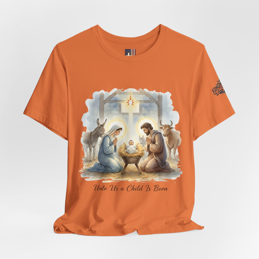 Unto Us a Child is Born T-shirt – Isaiah 9:6 Nativity Manger Scene Christian Christmas T-shirt for Holy Night Faith Printify