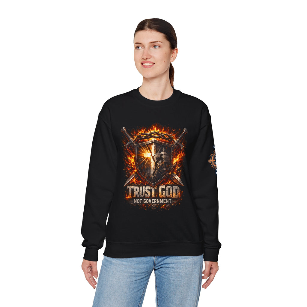 Trust God Not Government Shield Sweatshirt — Patriotic Christian Faith Sweatshirt Printify