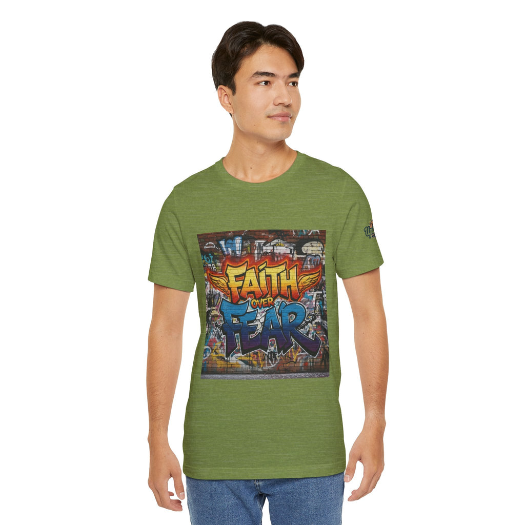 Faith Over Fear T-shirt – Graffiti Wall Christian T-shirt for Bold 2 Corinthians 5:7 Streetwear & Unshakable Faith Printify