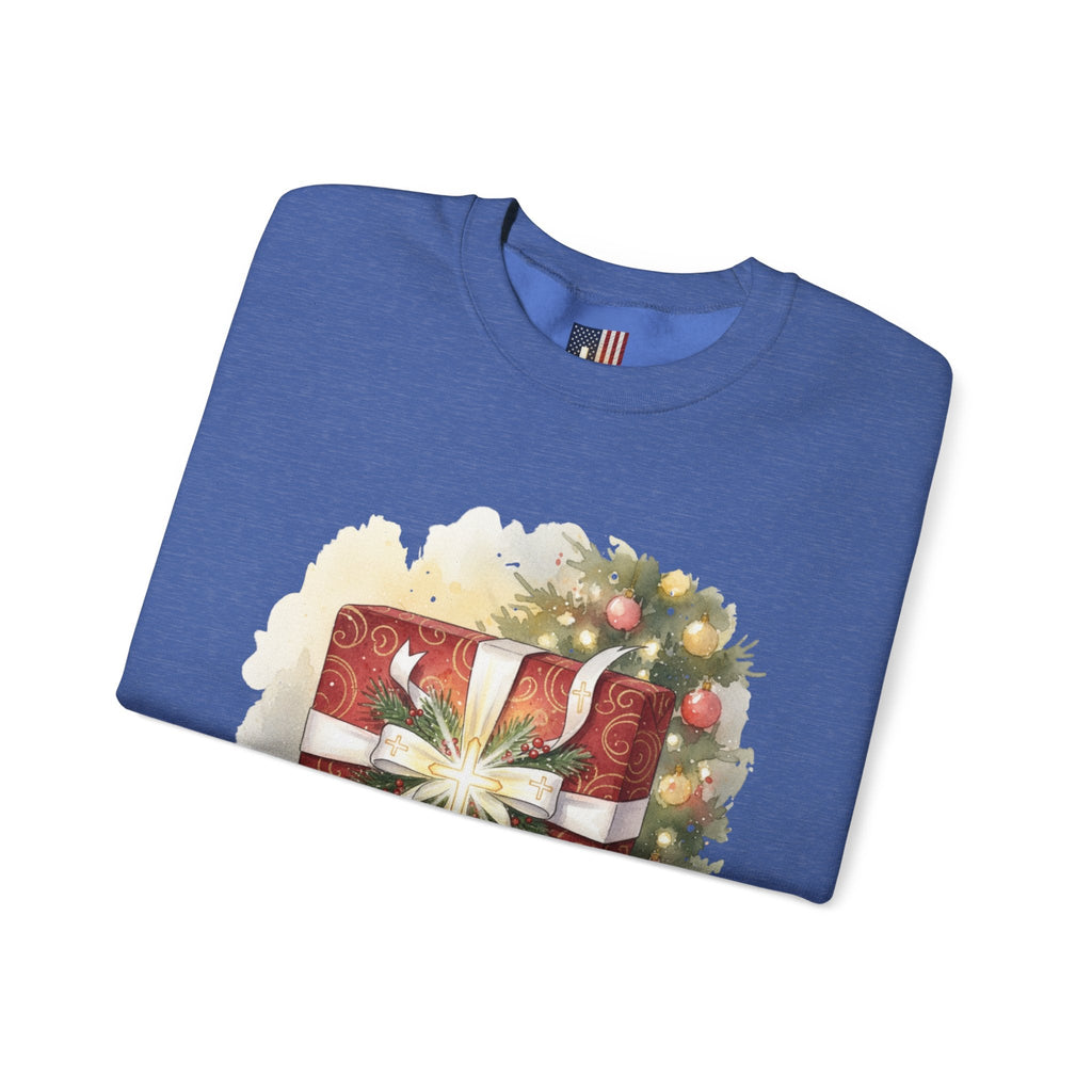 The Greatest Gift Sweatshirt – Cross Bow Present Christian Sweatshirt for Christmas Salvation & Eternal Faith Printify