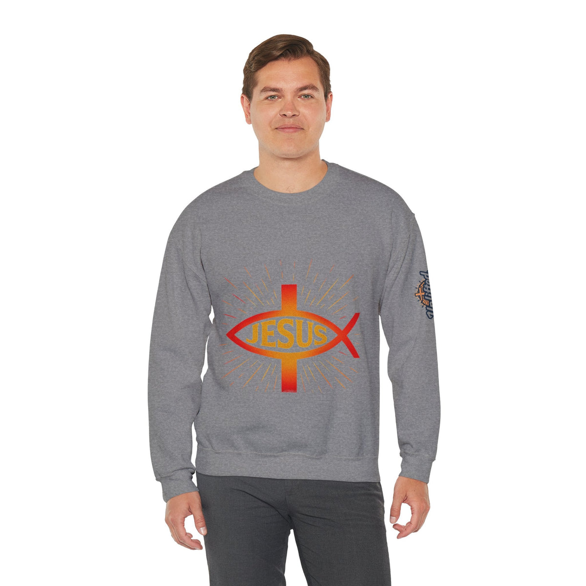 Jesus Ichthys Sweatshirt – Christian Fish Symbol with Cross & Jesus Inscription Sweatshirt for Eternal Faith & Streetwear Printify