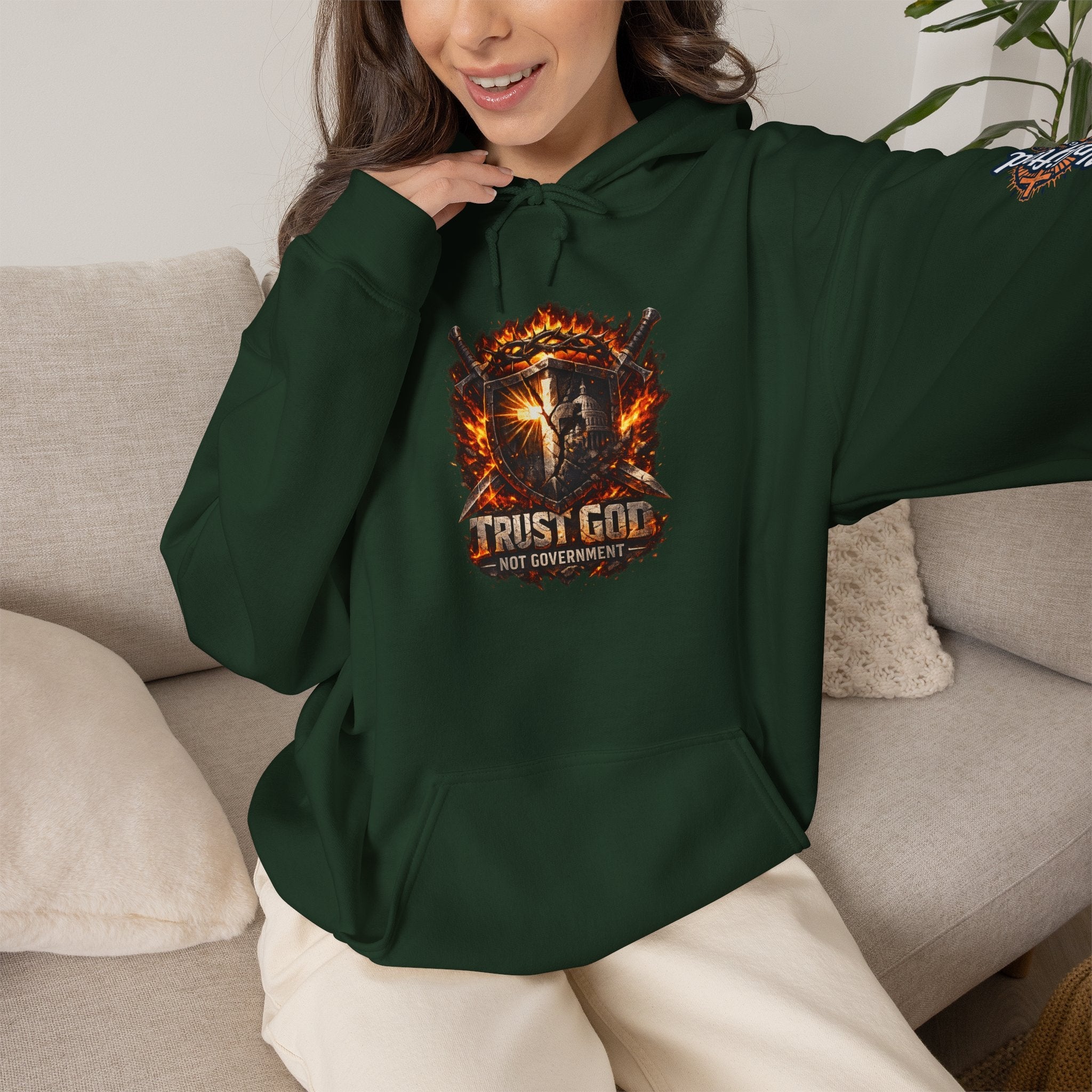 Trust God Not Government Shield Hoodie — Patriotic Christian Faith Hoodie Printify