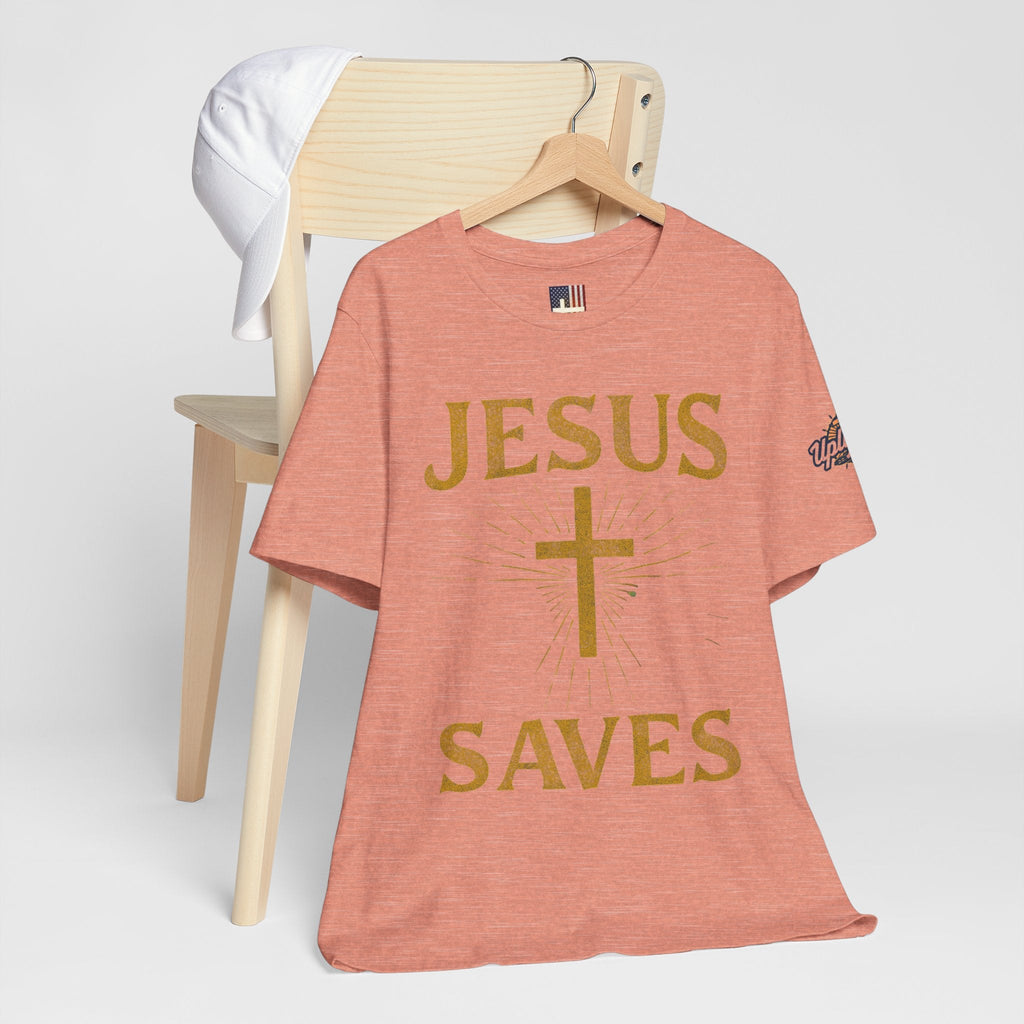 Jesus Saves T-shirt – Radiant Cross & Rays of Light Christian T-shirt for Eternal Hope & Faith Printify
