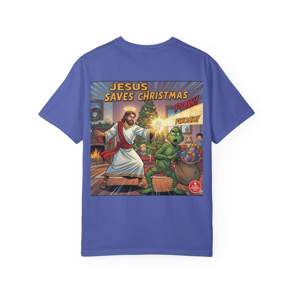 Jesus Saves Christmas T-shirt – Grinch vs Savior Light Battle Christian T-shirt for Hilarious Holiday Faith & True Joy Printify