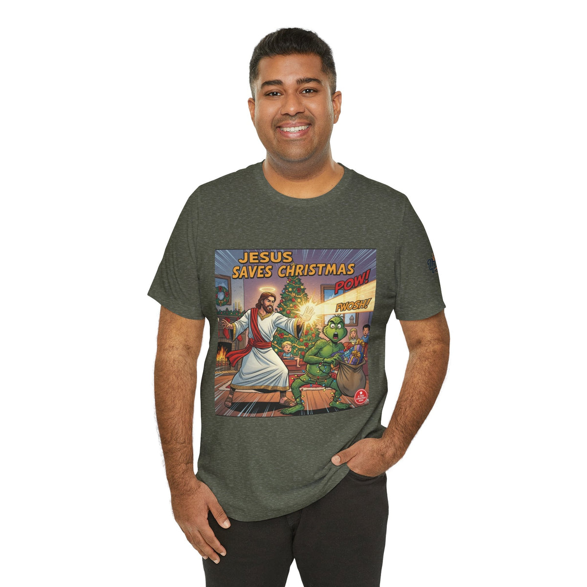 Jesus Saves Christmas T-shirt – Grinch vs Savior Light Battle Christian T-shirt for Hilarious Holiday Faith & True Joy Printify