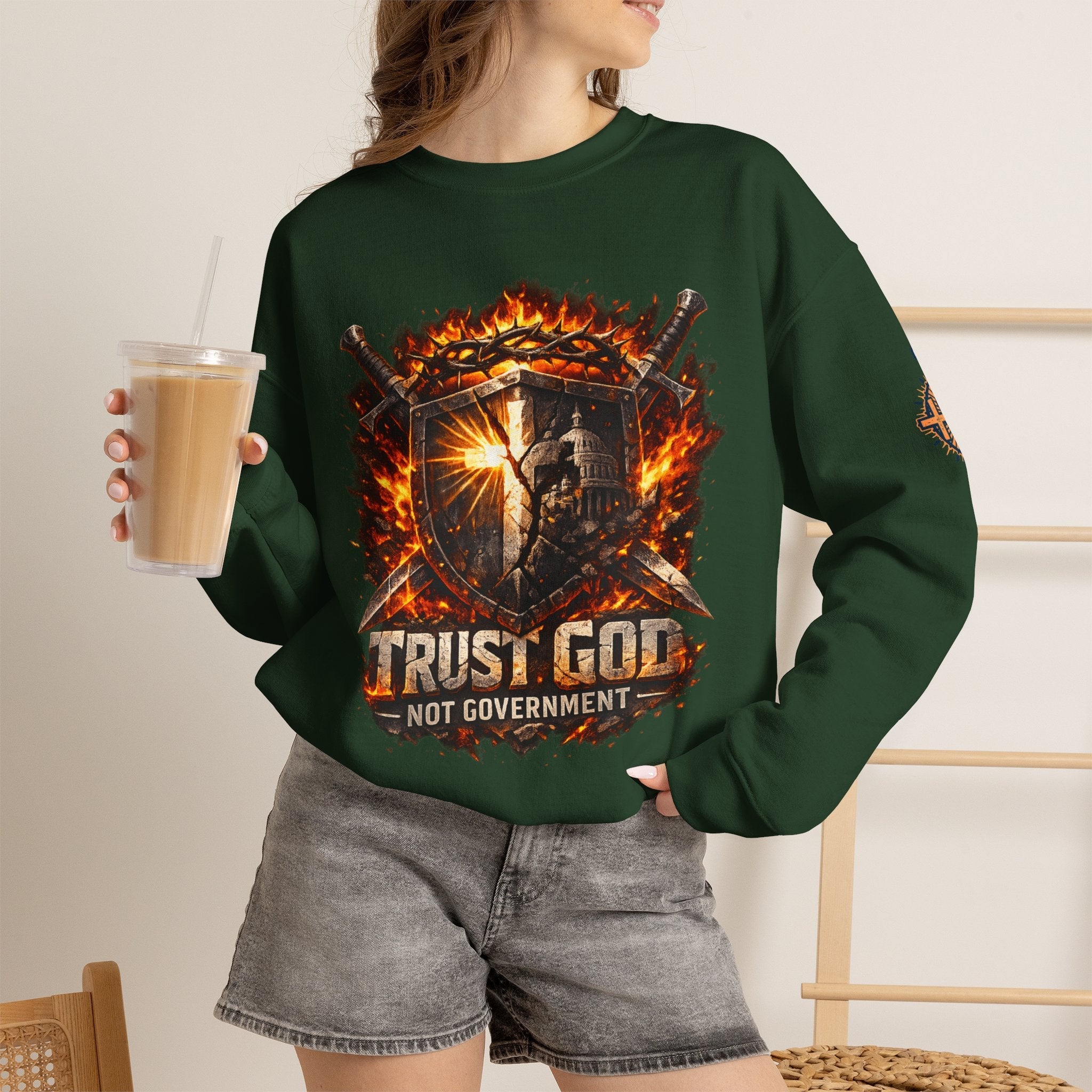 Trust God Not Government Shield Sweatshirt — Patriotic Christian Faith Sweatshirt Printify