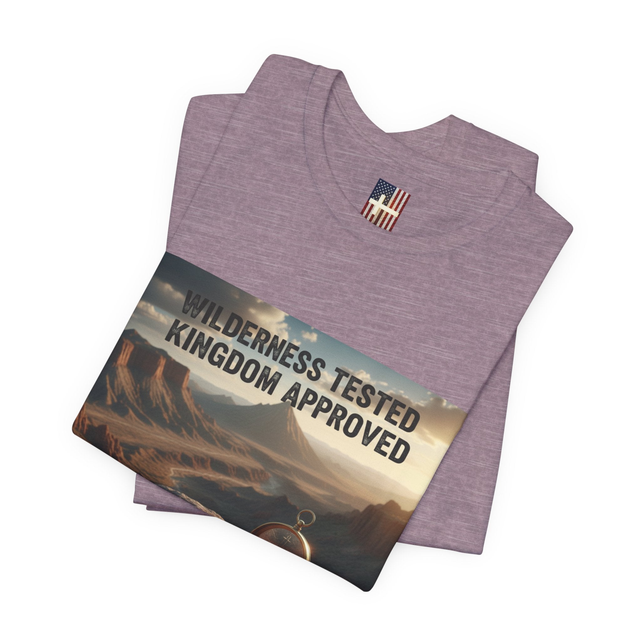 Wilderness Tested Kingdom Approved T-shirt – Mountain Desert Compass Crown Christian T-shirt for Biblical Adventure Faith Printify