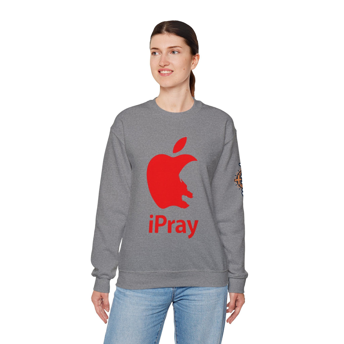 iPray Apple Logo Sweatshirt — Funny Christian Sweatshirt (Minimal Red Apple Graphic) Printify