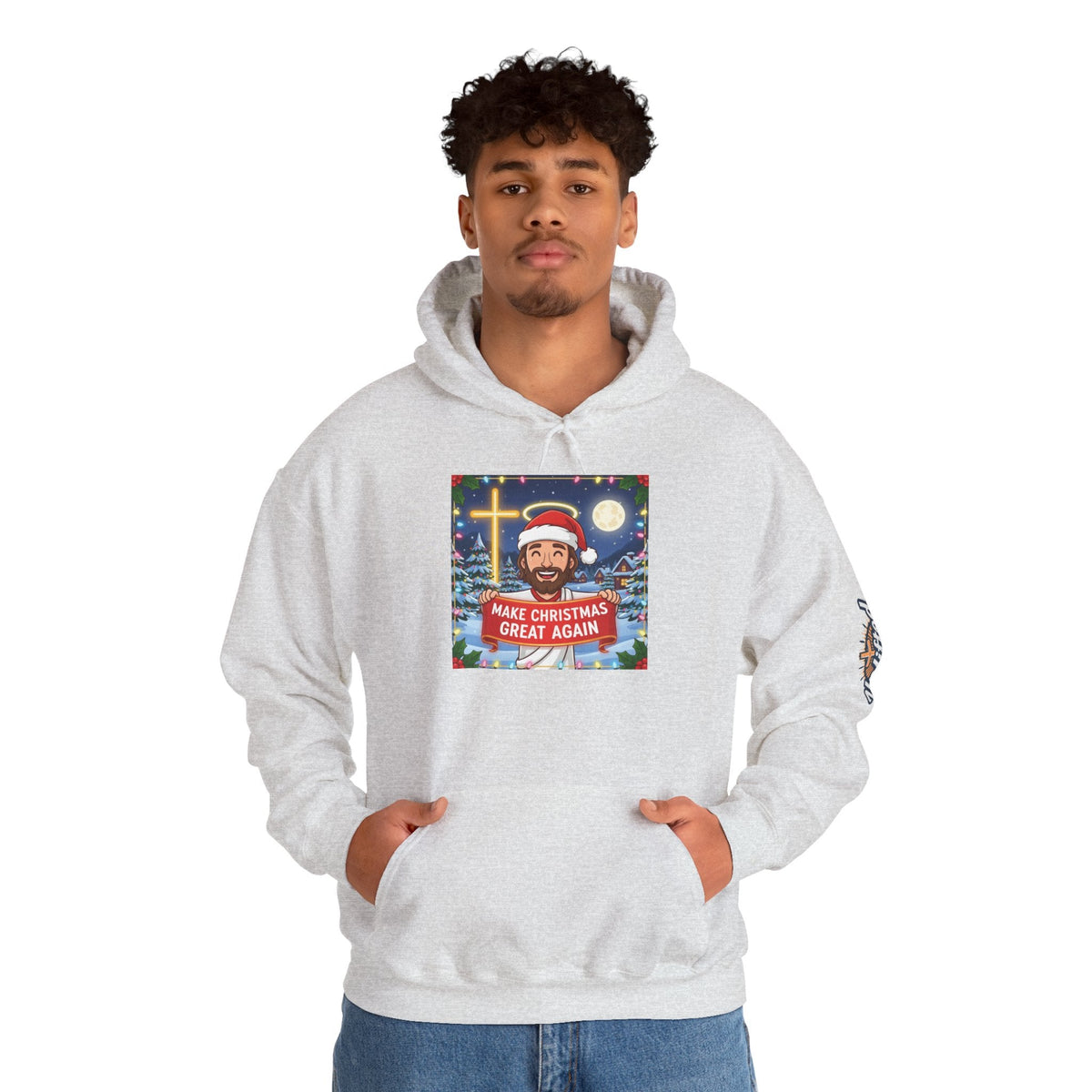 🎄 Make Christmas Great Again – Funny Christian Hoodie | Jesus Holding Banner | Faith-Based Holiday Parody Tee | Uplifted Gear Printify