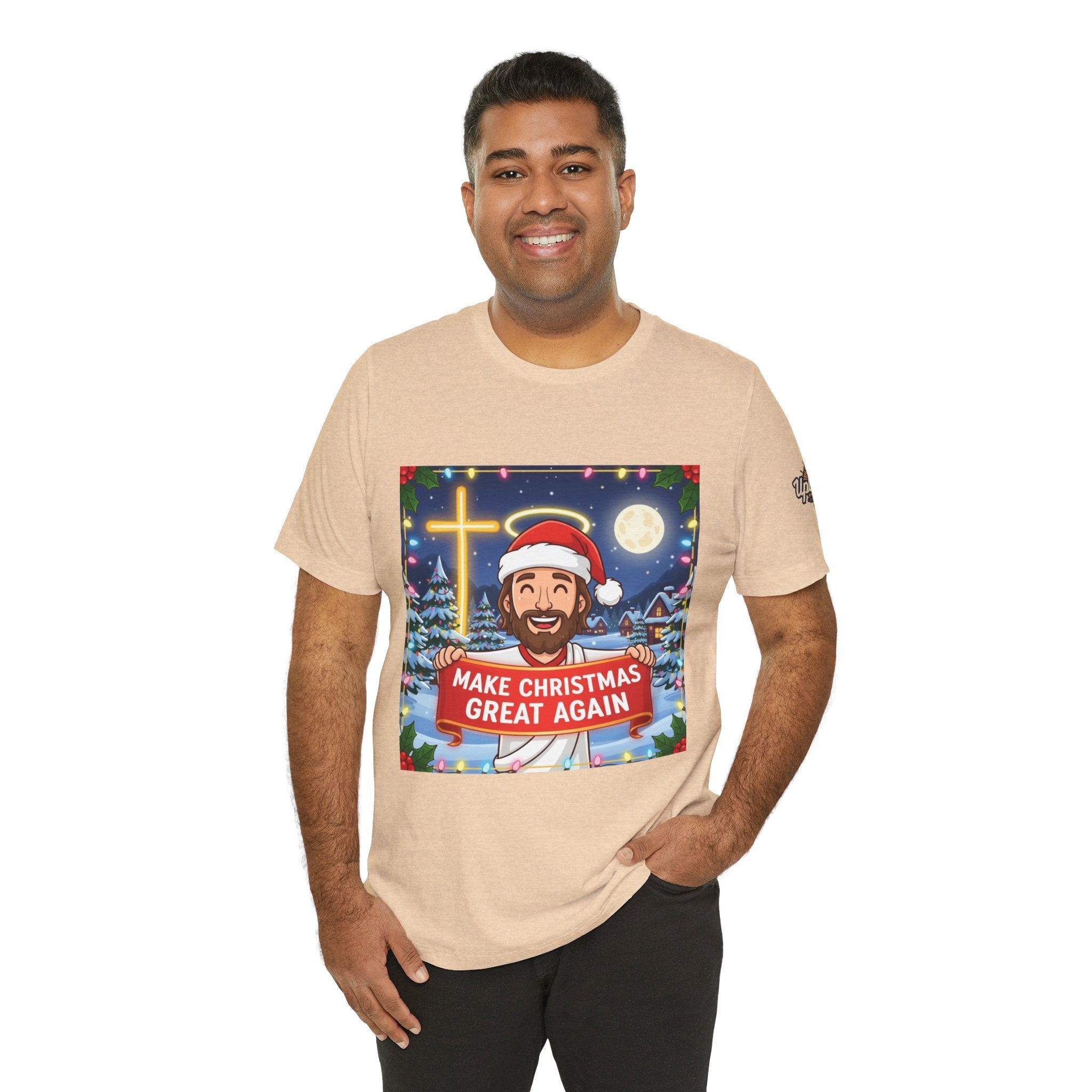 🎄 Make Christmas Great Again – Funny Christian T-Shirt | Jesus Holding Banner | Faith-Based Holiday Parody Tee | Uplifted Gear Printify