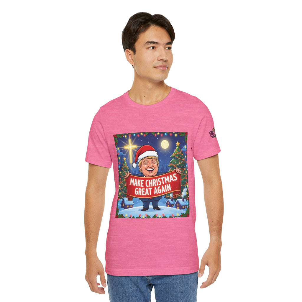 🎄 Make Christmas Great Again – Patriotic Christian Christmas T-Shirt | Bold Holiday Faith Tee | Red & White Banner Design | Uplifted Gear Printify