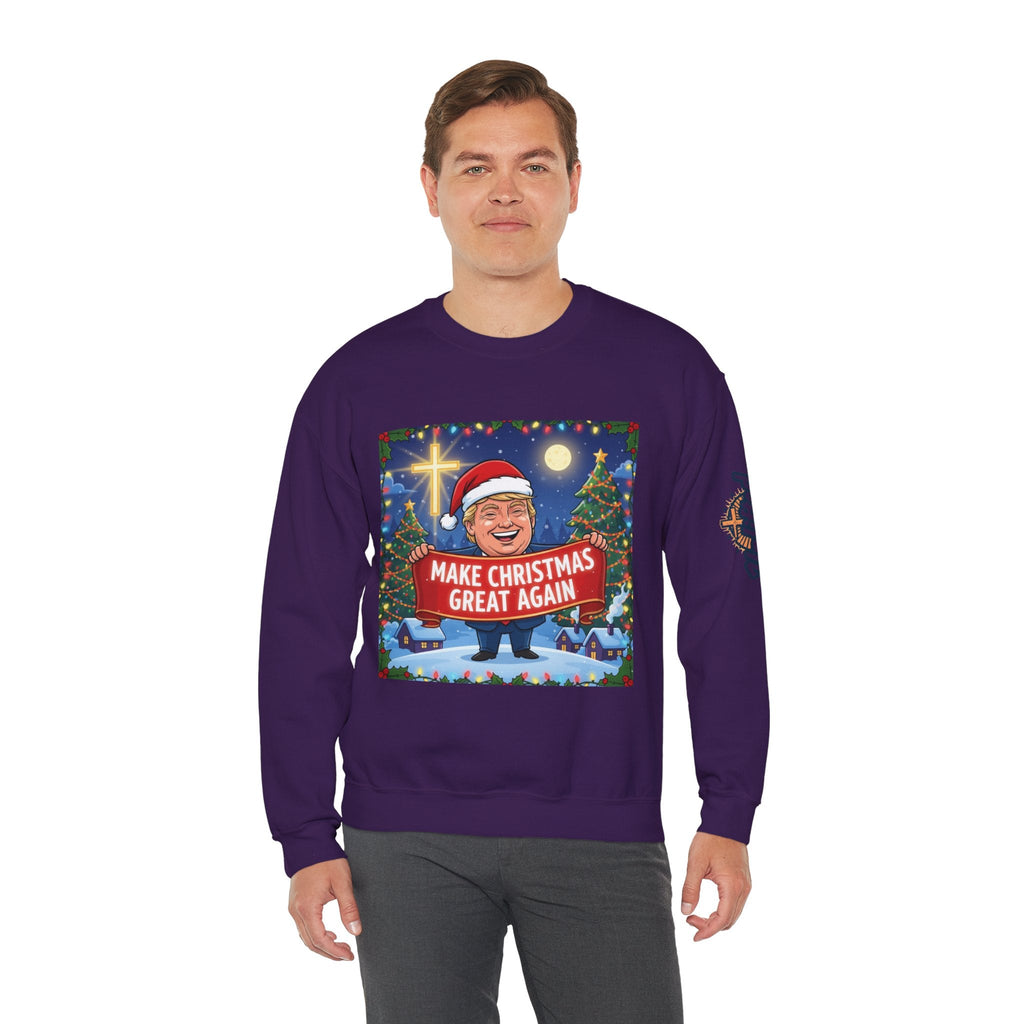 🎄 Make Christmas Great Again – Patriotic Christian Christmas Sweatshirt | Bold Holiday Faith Tee | Red & White Banner Design | Uplifted Gear Printify