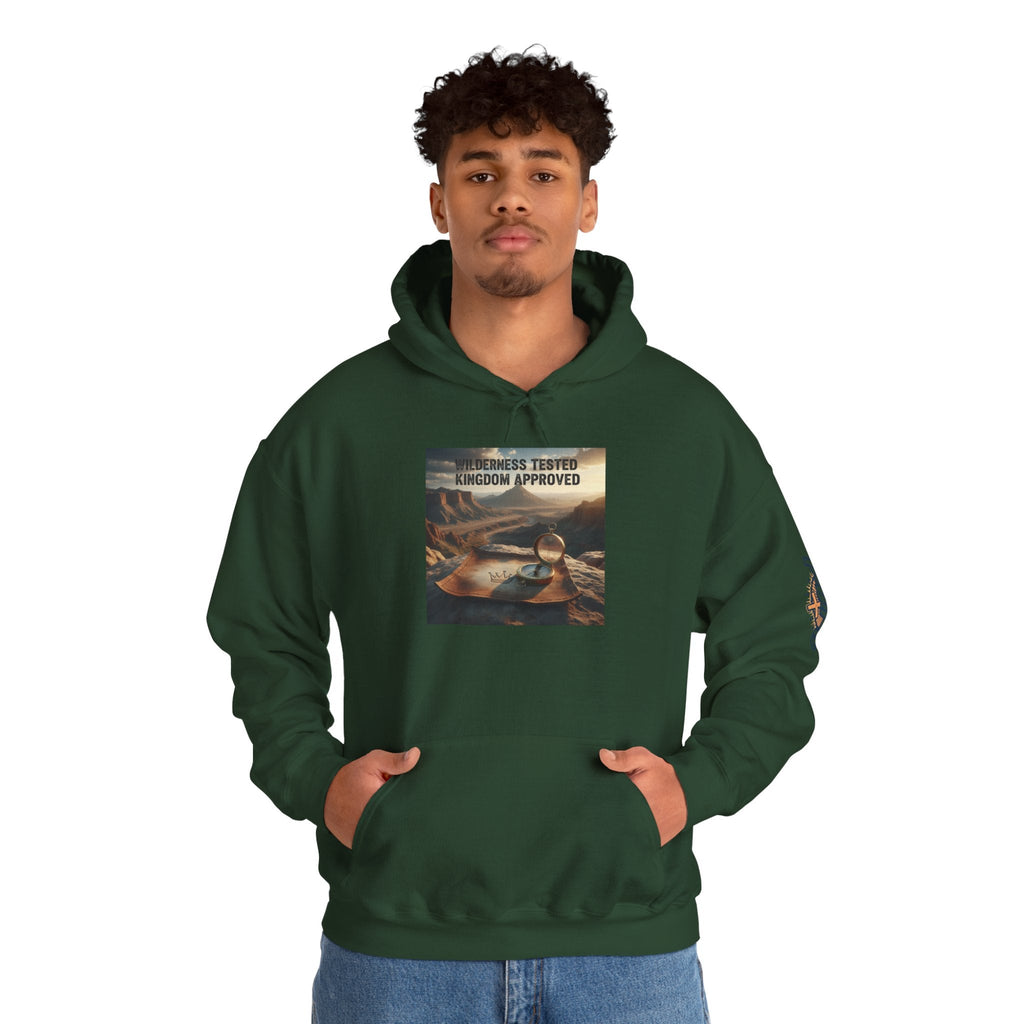 Wilderness Tested Kingdom Approved Hoodie – Mountain Desert Compass Crown Christian Sweatshirt for Biblical Adventure Faith Printify