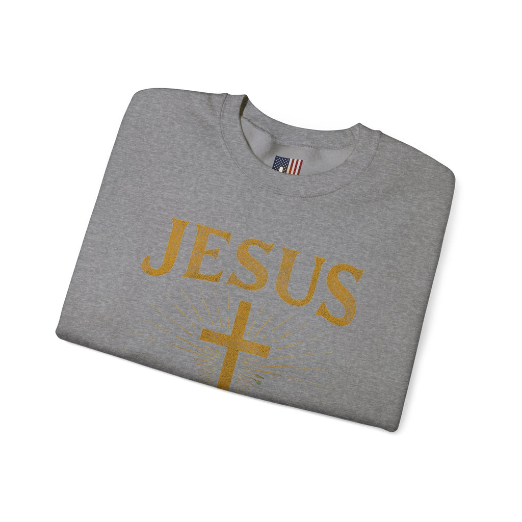 Jesus Saves Sweatshirt – Radiant Cross & Rays of Light Christian Sweatshirt for Eternal Hope & Faith Printify