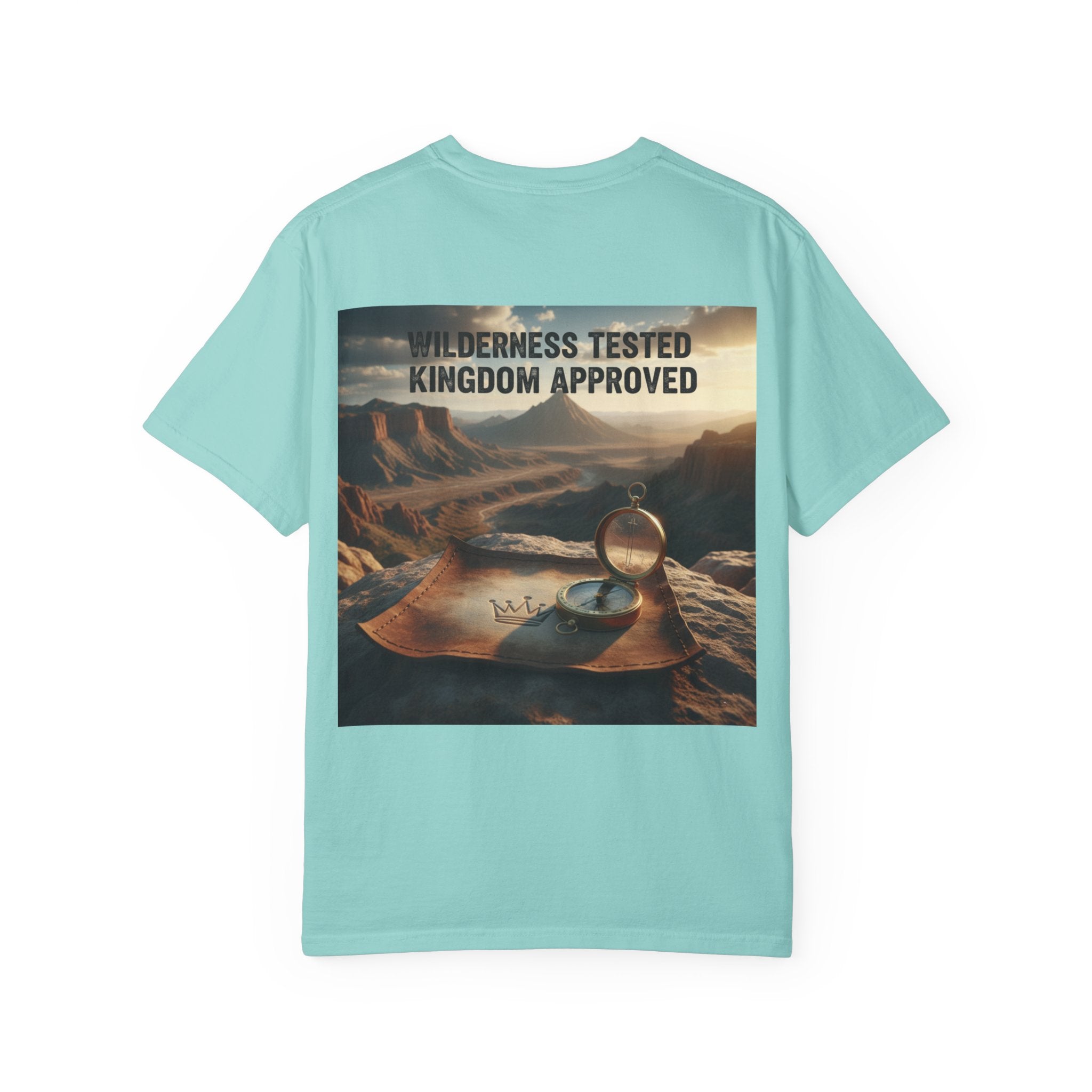 Wilderness Tested Kingdom Approved T-shirt – Mountain Desert Compass Crown Christian T-shirt for Biblical Adventure Faith Printify