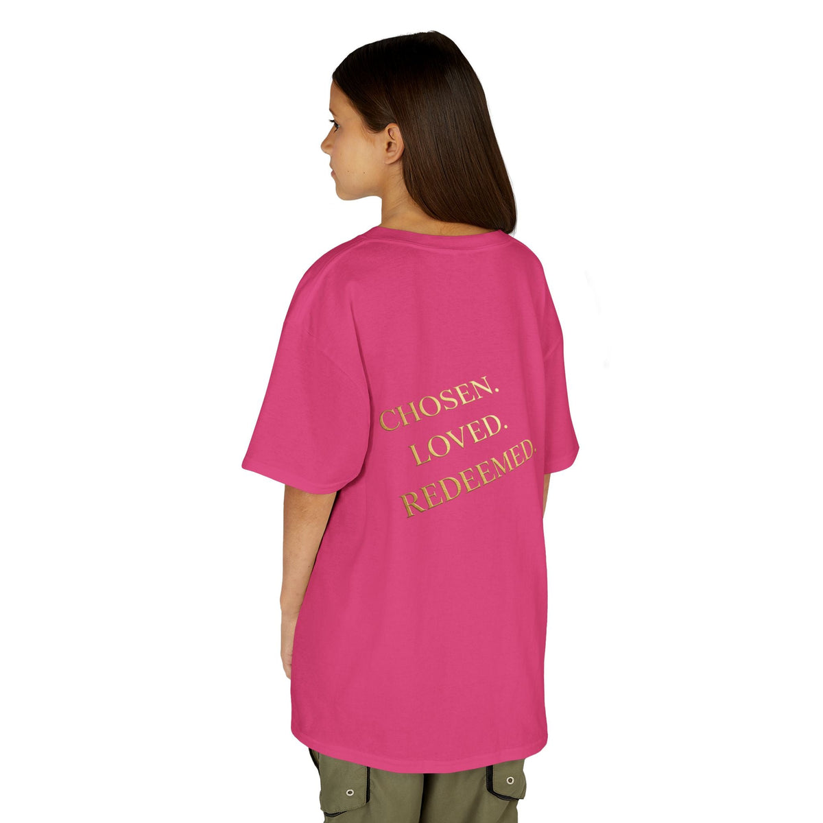 ✨ Chosen. Loved. Redeemed. – Elegant Christian Kids T-Shirt | Gold Foil Faith Tee | Subtle Cross & Heart Design | Inspirational Bible Verse Apparel by Uplifted Gear Printify