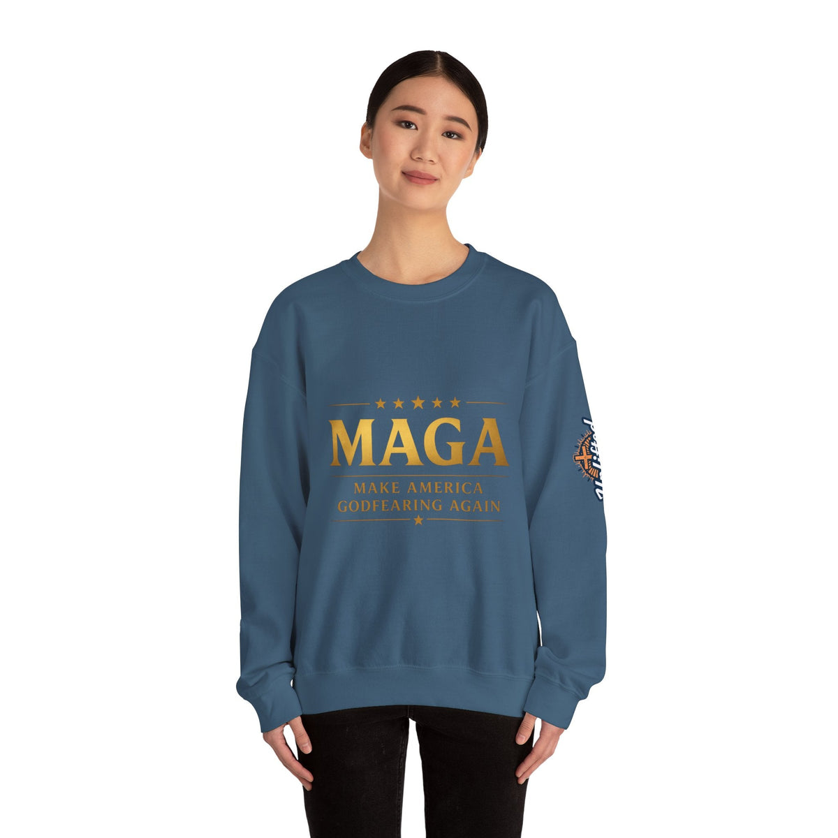 Sweatshirt — "MAGA Make America Godfearing Again" Gold Logo Crewneck Printify