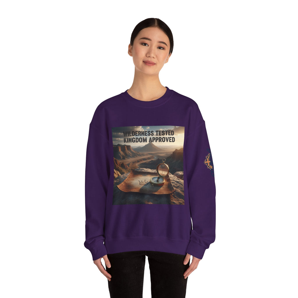 Wilderness Tested Kingdom Approved Sweatshirt – Mountain Desert Compass Crown Christian Sweatshirt for Biblical Adventure Faith Printify