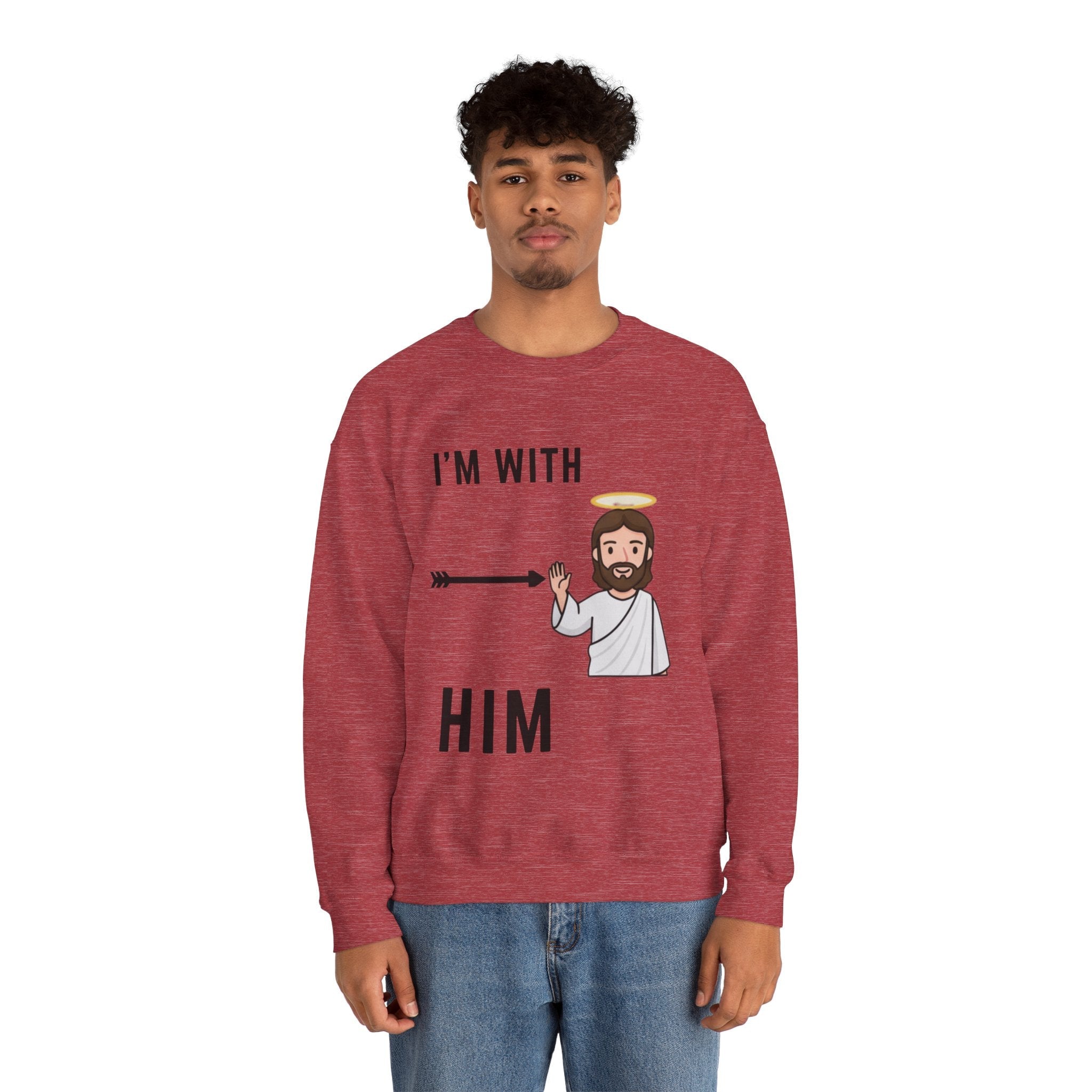 🔥 I’m With Him → Christian Sweatshirt | Arrow Pointing to Jesus | Minimalist Faith Tee | Subtle Cross Design | Bible-Inspired Apparel by Uplifted Gear Printify