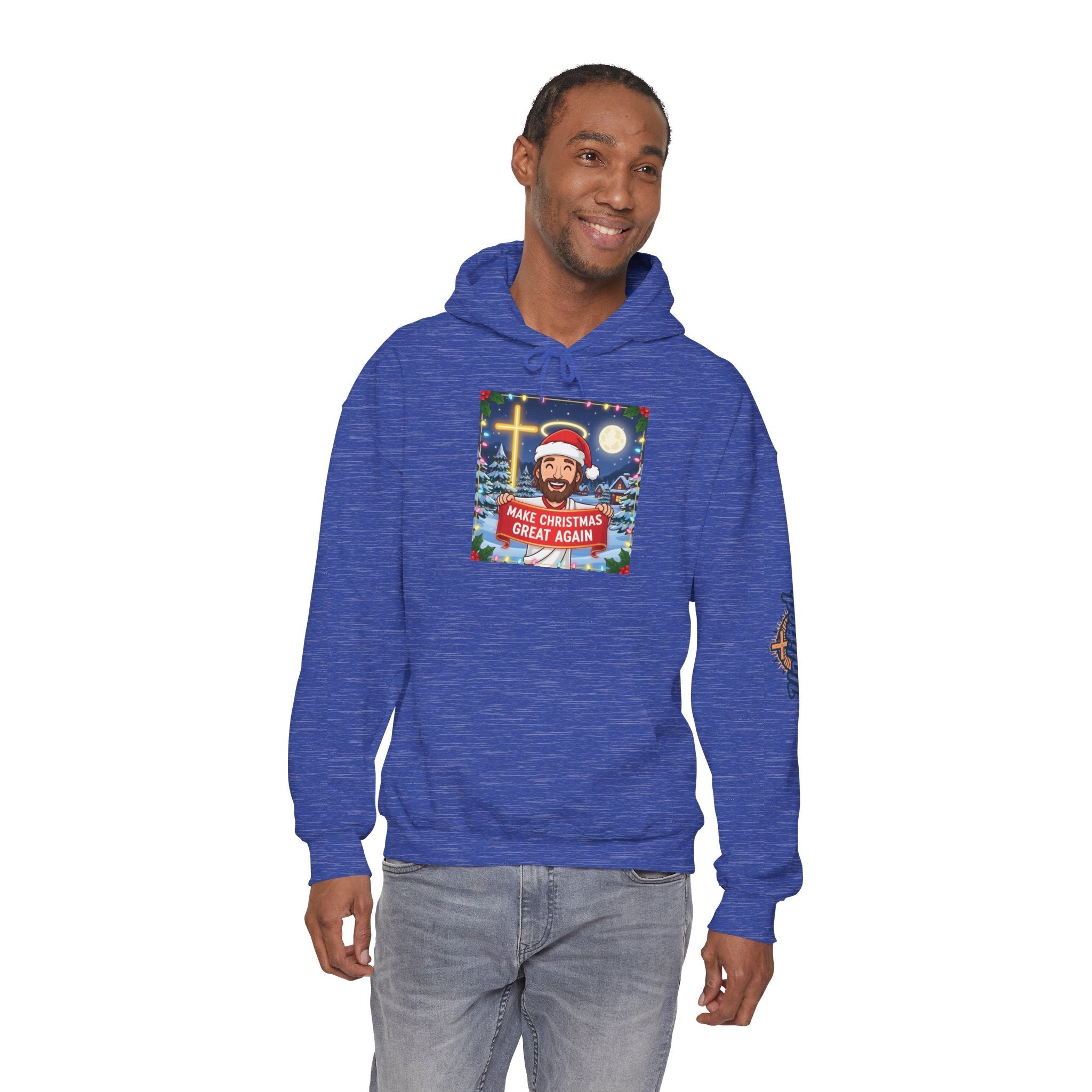 🎄 Make Christmas Great Again – Funny Christian Hoodie | Jesus Holding Banner | Faith-Based Holiday Parody Tee | Uplifted Gear Printify