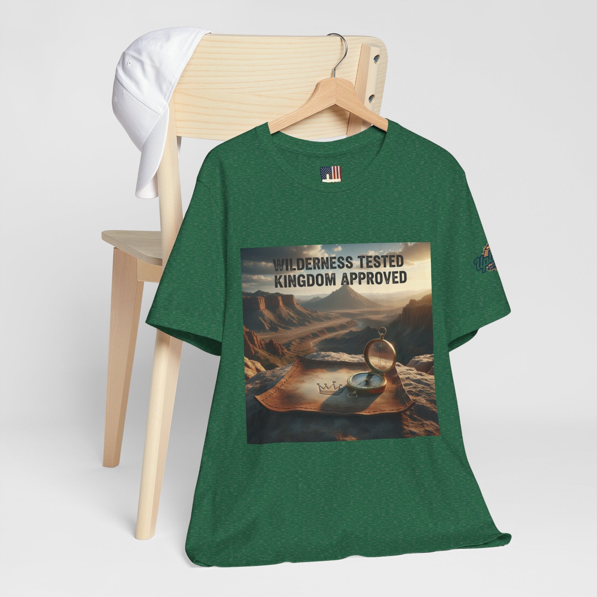 Wilderness Tested Kingdom Approved T-shirt – Mountain Desert Compass Crown Christian T-shirt for Biblical Adventure Faith Printify