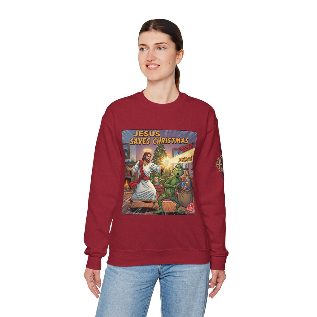 Jesus Saves Christmas Sweatshirt – Grinch vs Savior Light Battle Christian Sweatshirt for Hilarious Holiday Faith & True Joy Printify