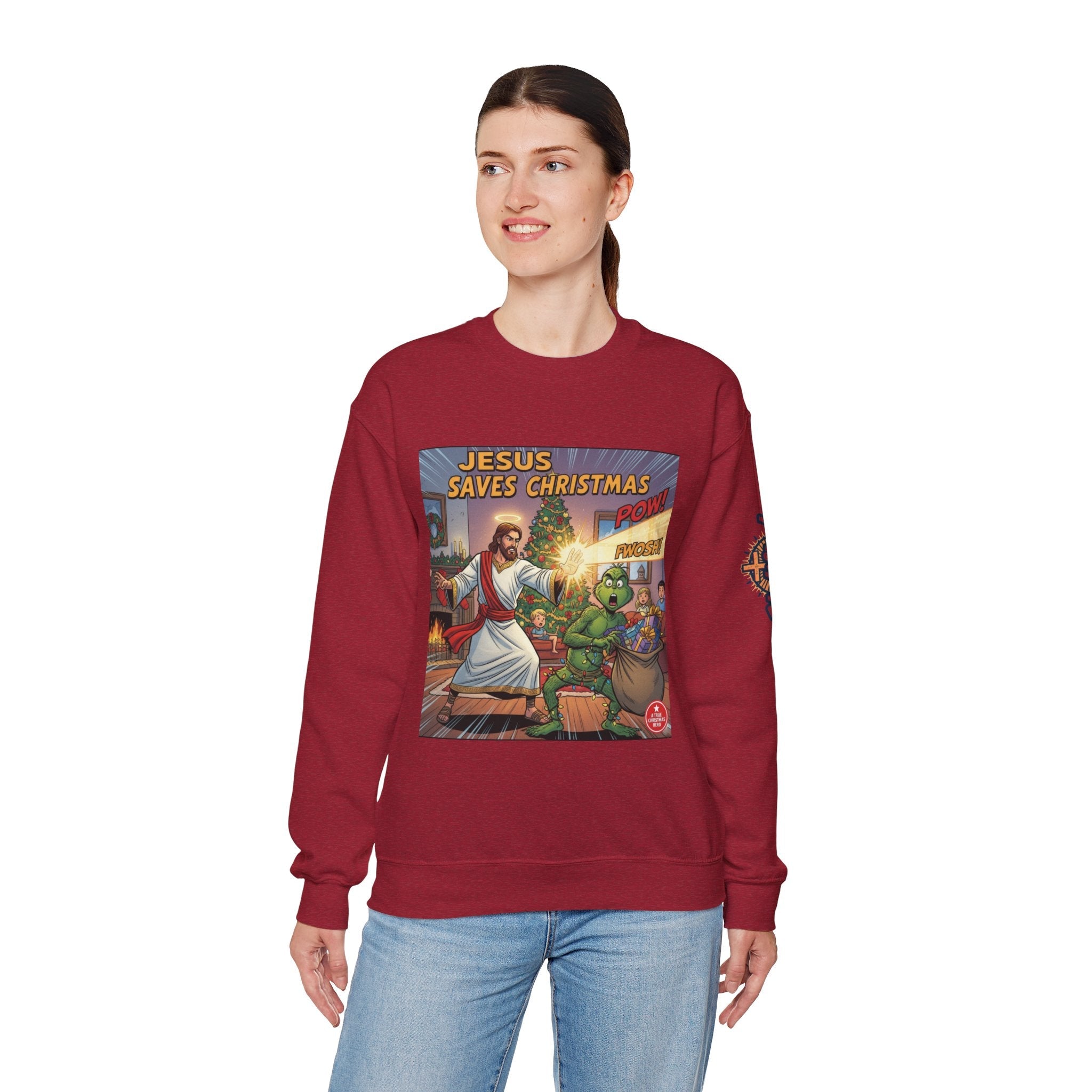 Jesus Saves Christmas Sweatshirt – Grinch vs Savior Light Battle Christian Sweatshirt for Hilarious Holiday Faith & True Joy Printify