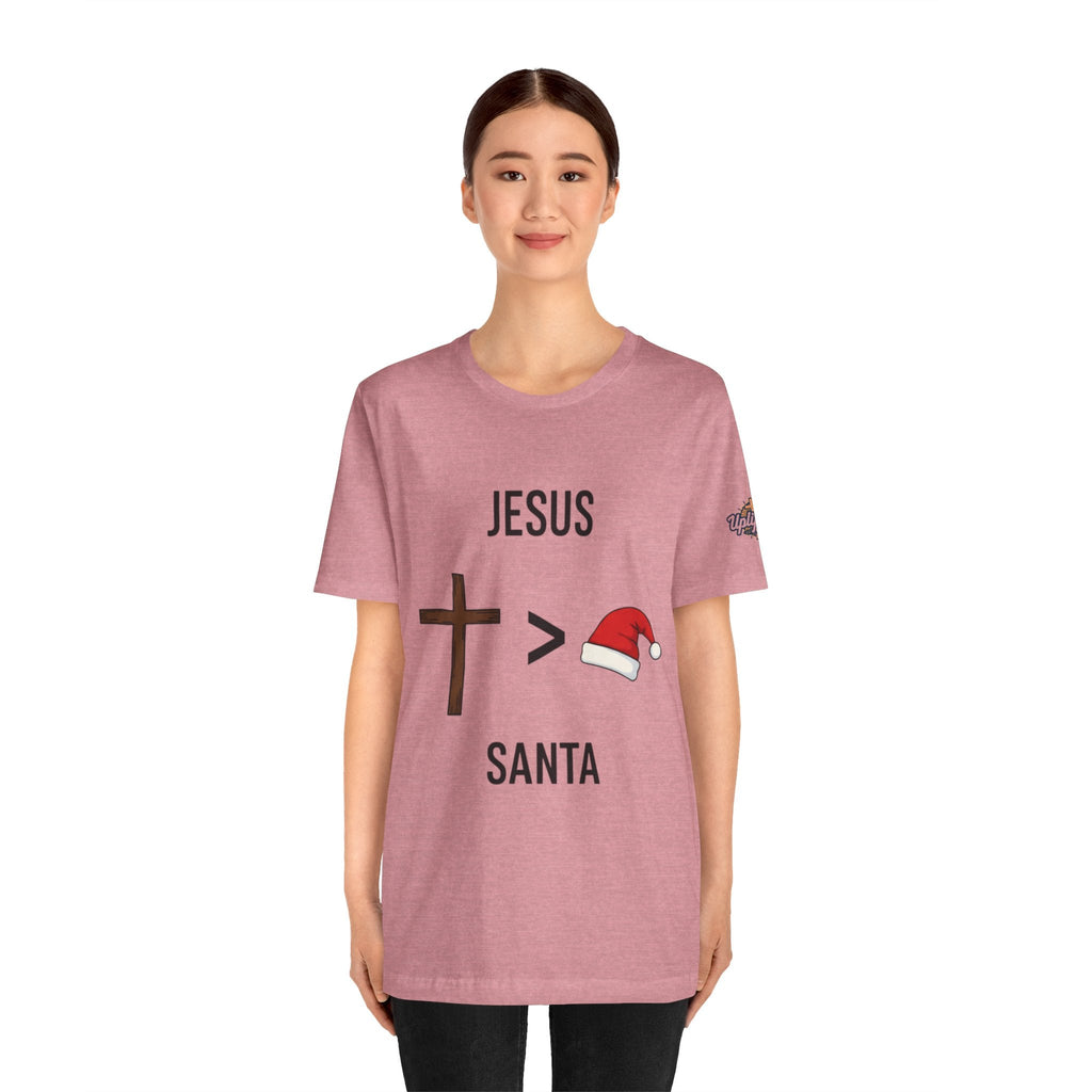 🎄 Jesus > Santa – Minimalist Christian Christmas T-Shirt | Bold Faith Over Holiday Tee | Cross vs Santa Hat Design | Uplifted Gear Printify