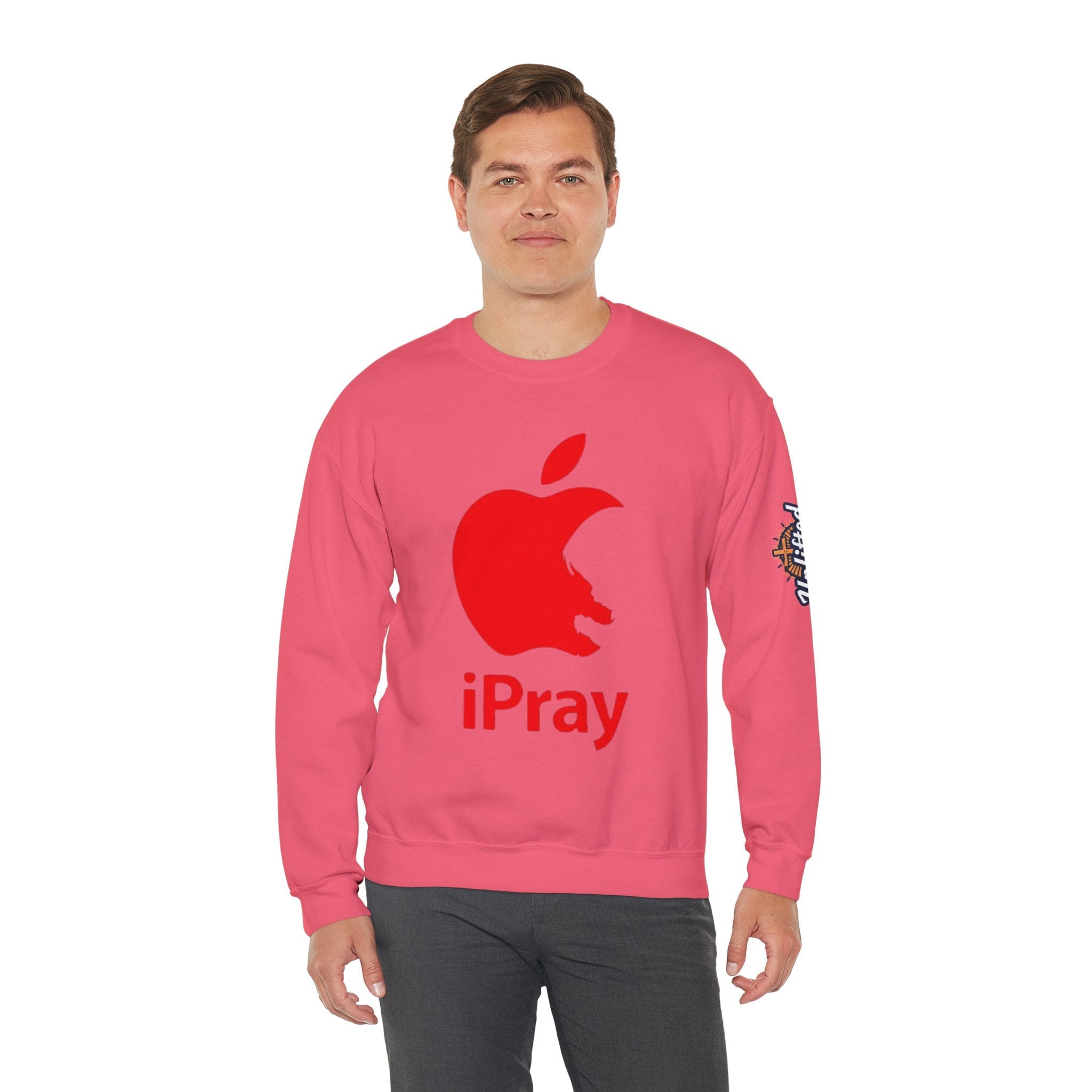 iPray Apple Logo Sweatshirt — Funny Christian Sweatshirt (Minimal Red Apple Graphic) Printify