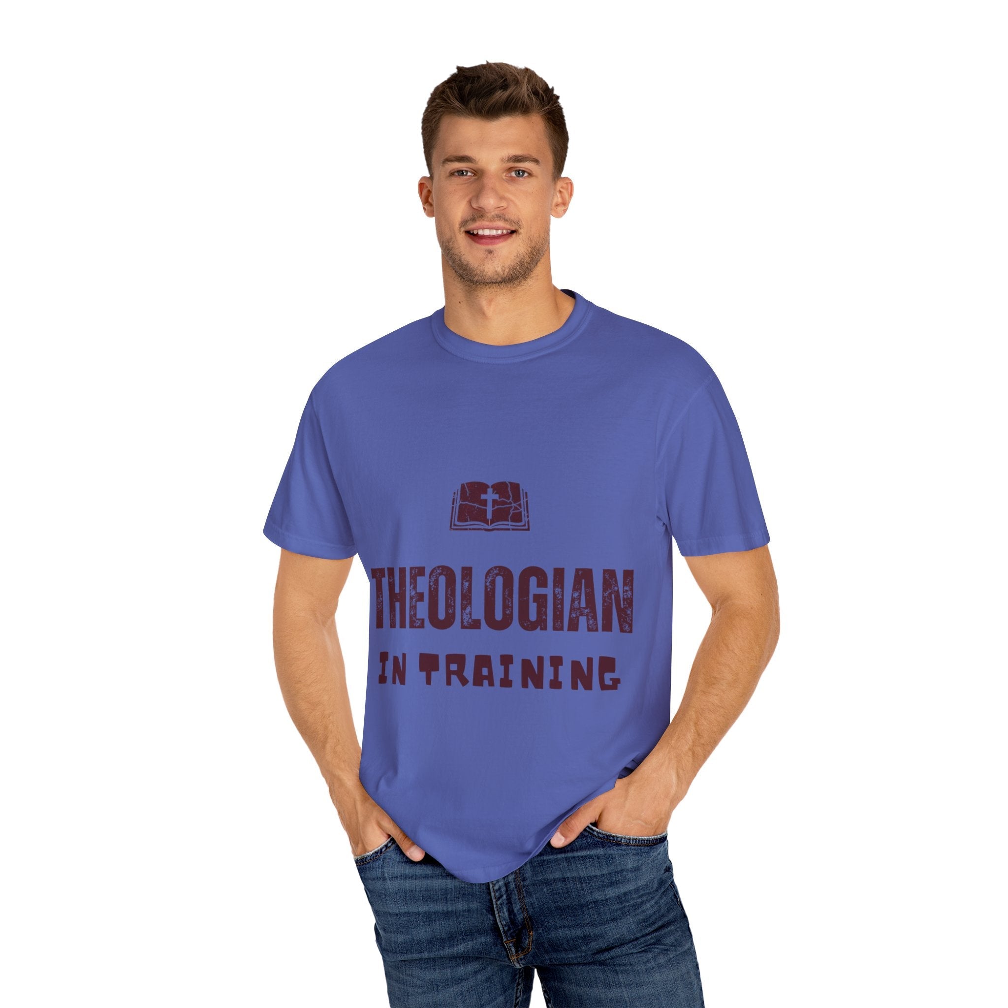 Theologian in Training T-Shirt – Open Bible & Cross Christian Tee for Faithful Learners Printify