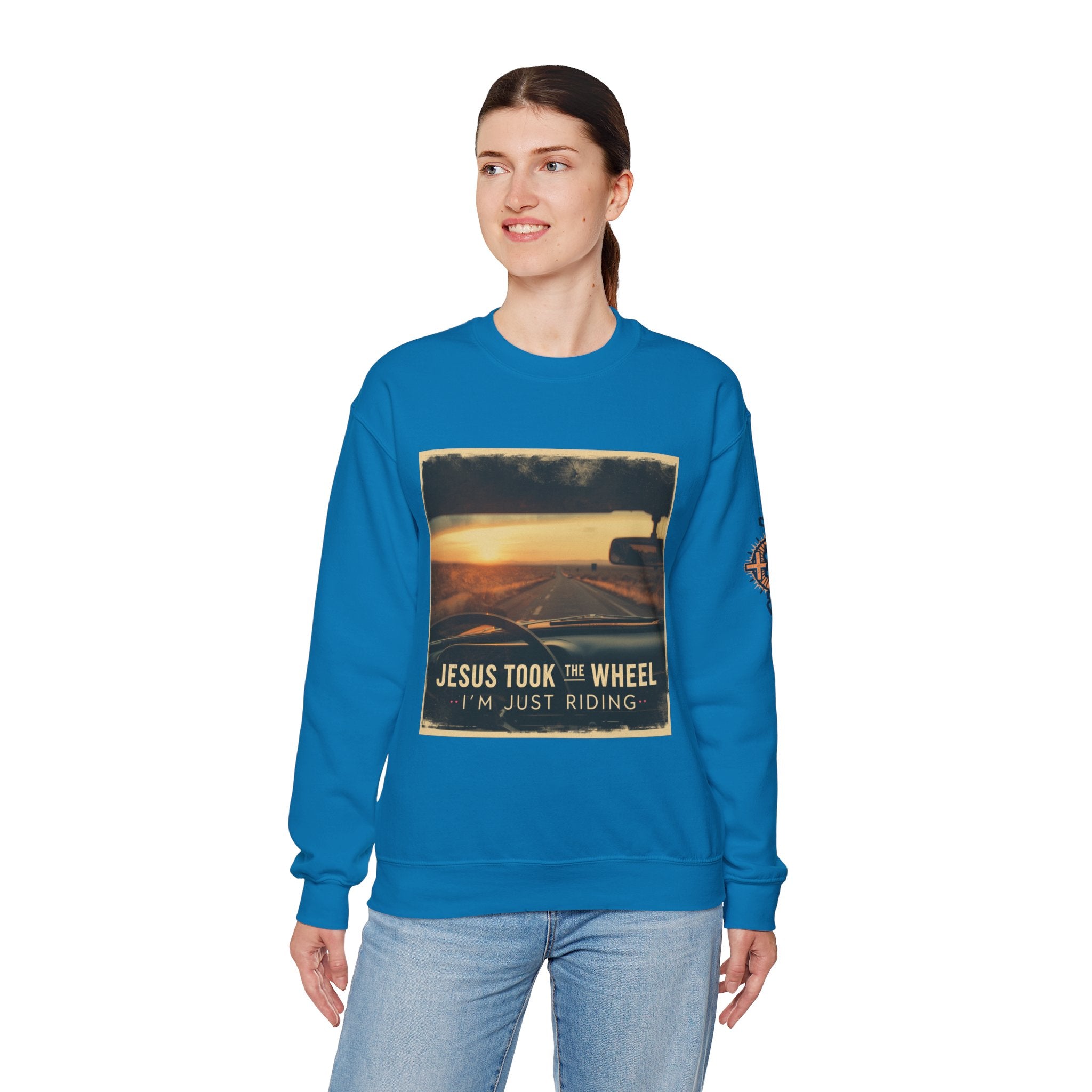 Jesus Took the Wheel I'm Just Riding Sweatshirt – Funny Christian Convertible Car Sweatshirt for Surrendered Faith & Humor