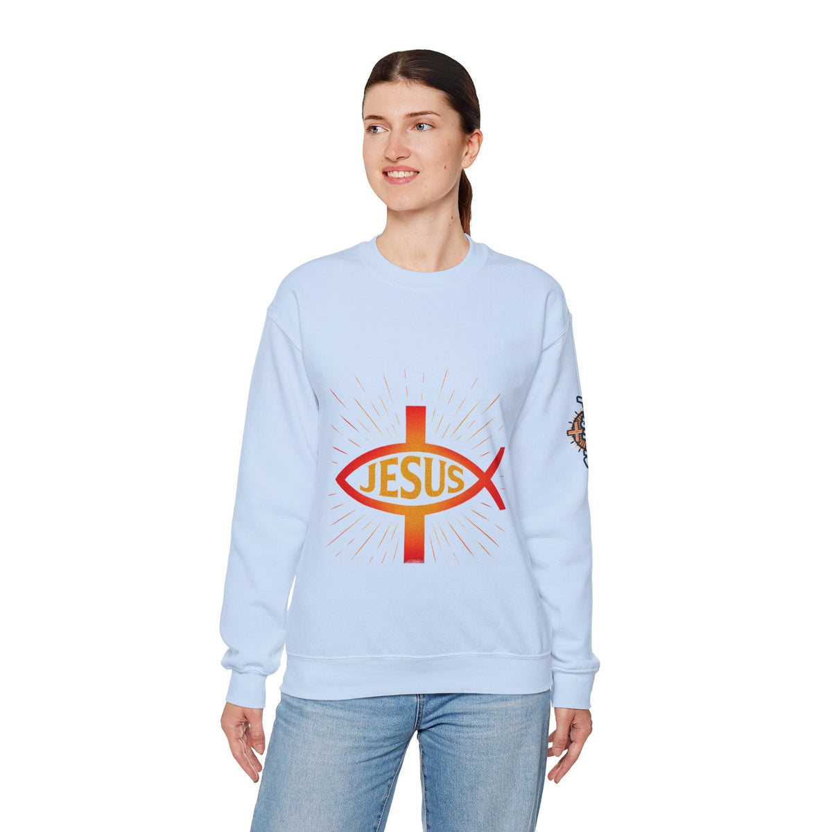 Jesus Ichthys Sweatshirt – Christian Fish Symbol with Cross & Jesus Inscription Sweatshirt for Eternal Faith & Streetwear Printify
