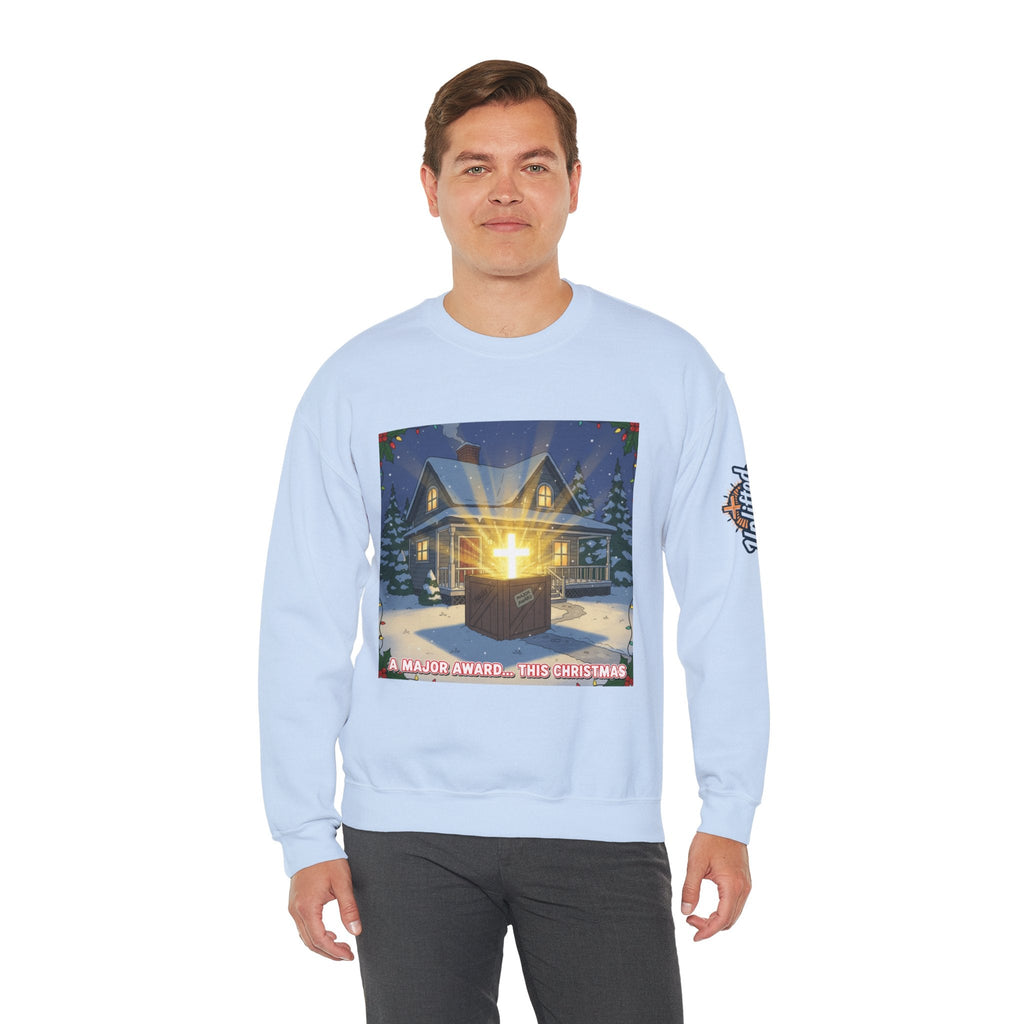 A Major Award This Christmas Sweatshirt – Fragile Leg Lamp Parody Cross Unboxing Christian Sweatshirt for Hilarious Faith & Holiday Glow Printify