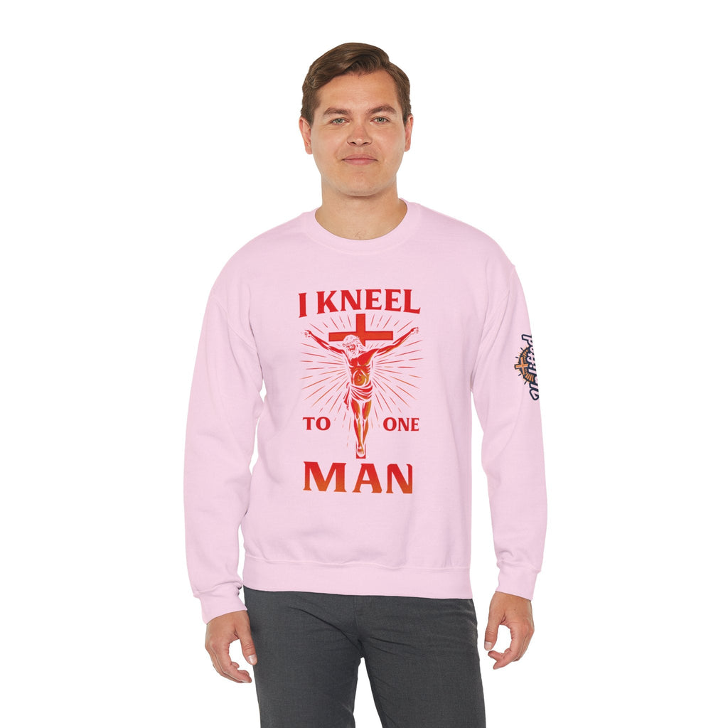 I Kneel to One Man Sweatshirt – Crucifixion Christian Sweatshirt for Unashamed Devotion & Bold Faith Printify