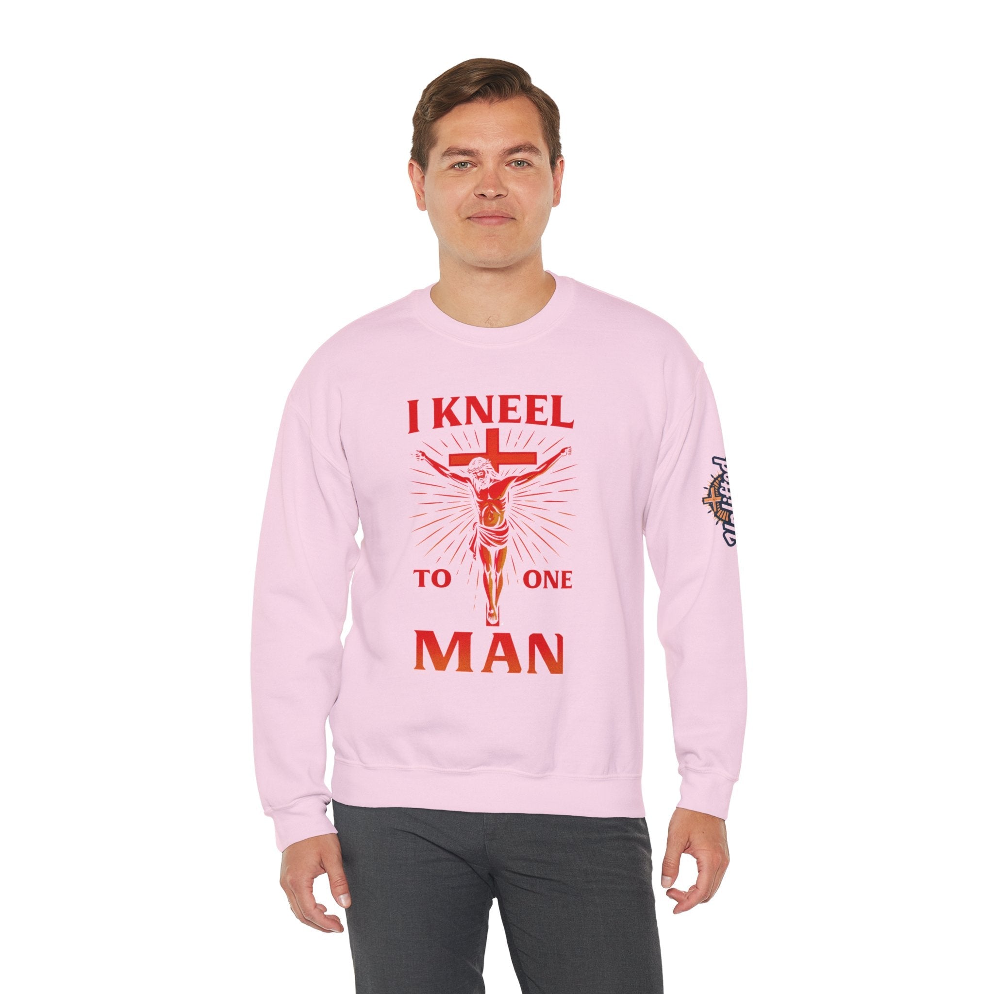 I Kneel to One Man Sweatshirt – Crucifixion Christian Sweatshirt for Unashamed Devotion & Bold Faith Printify