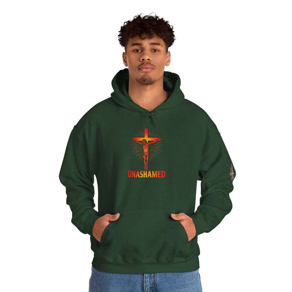 Unashamed Hoodie – Romans 1:16 Crucifixion Christian Sweatshirt for Bold Unwavering Faith Printify