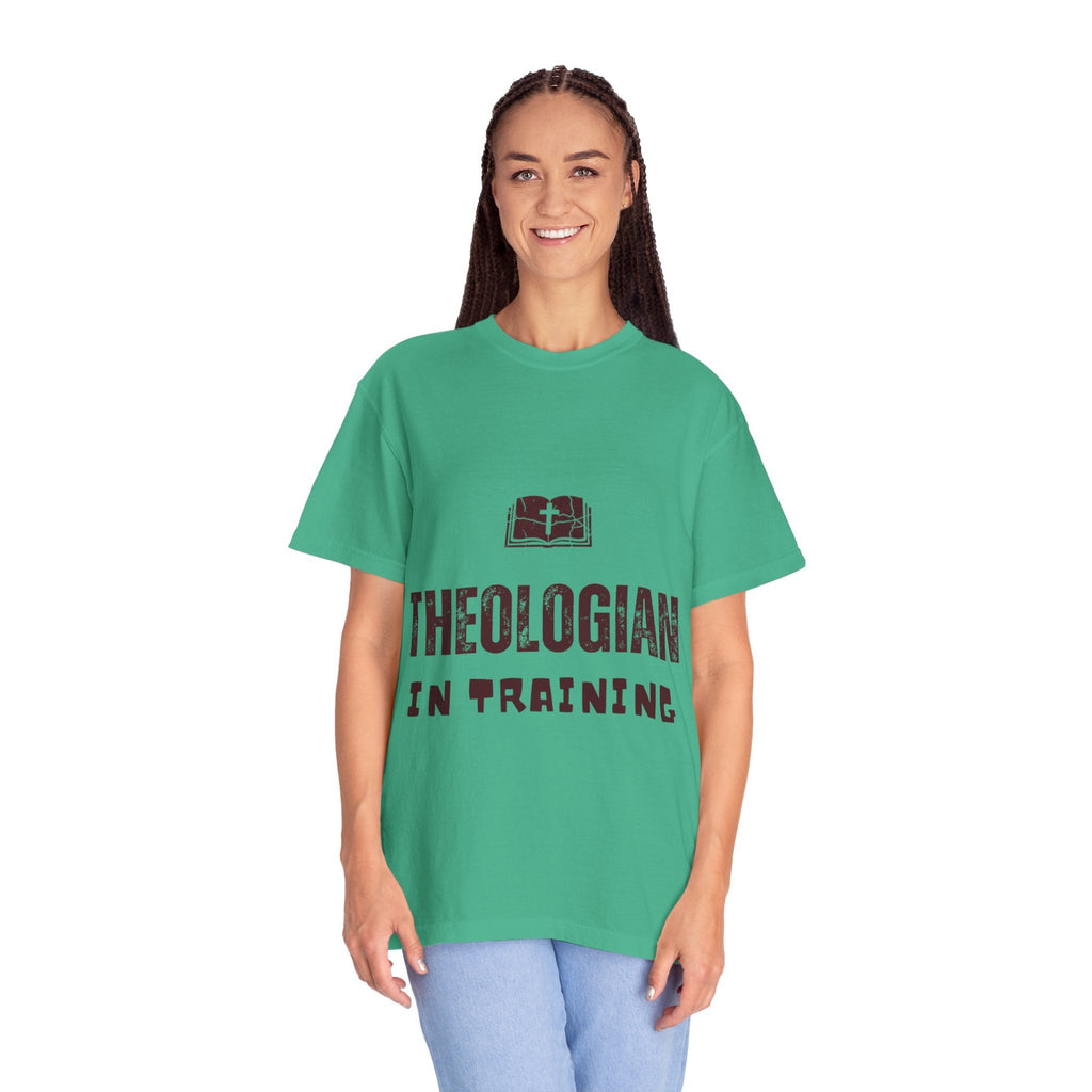 Theologian in Training T-Shirt – Open Bible & Cross Christian Tee for Faithful Learners Printify