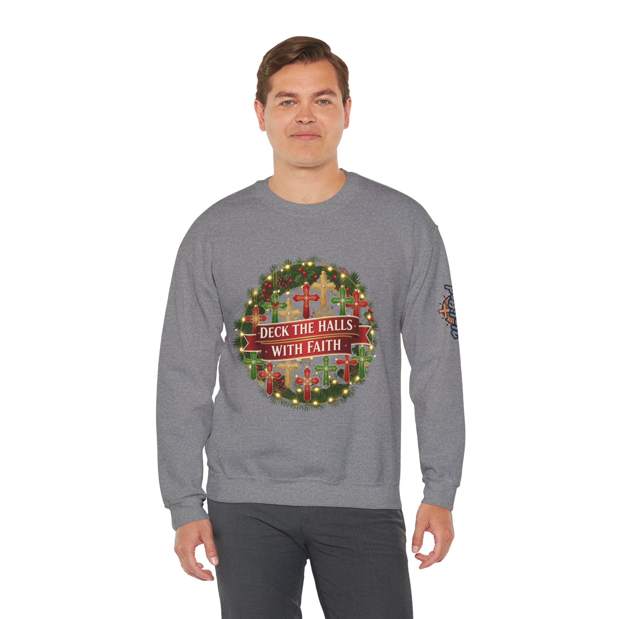 🎄 Deck the Halls with Faith – Christian Christmas Sweatshirt | Cross Ornament Design & Festive Garland | Bold Holiday Faith Tee by Uplifted Gear Printify