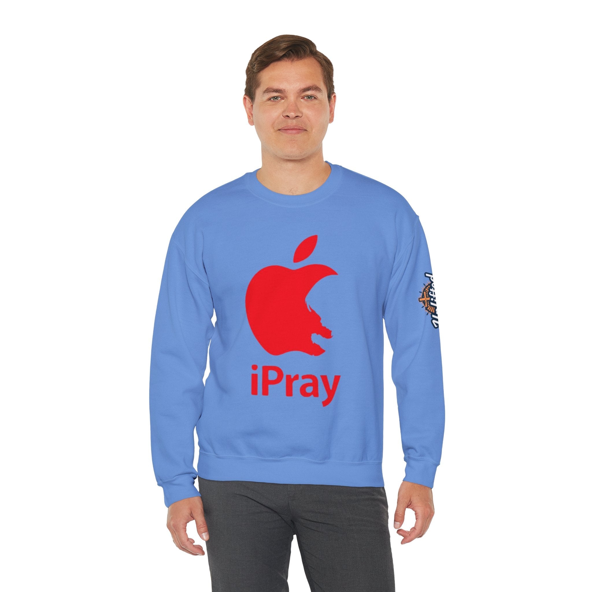 iPray Apple Logo Sweatshirt — Funny Christian Sweatshirt (Minimal Red Apple Graphic) Printify