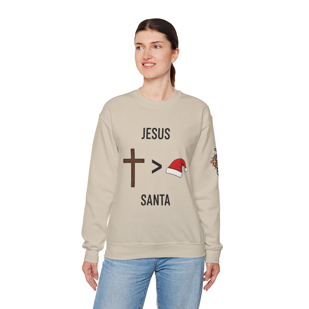 🎄 Jesus > Santa – Minimalist Christian Christmas Sweatshirt | Bold Faith Over Holiday Tee | Cross vs Santa Hat Design | Uplifted Gear Printify
